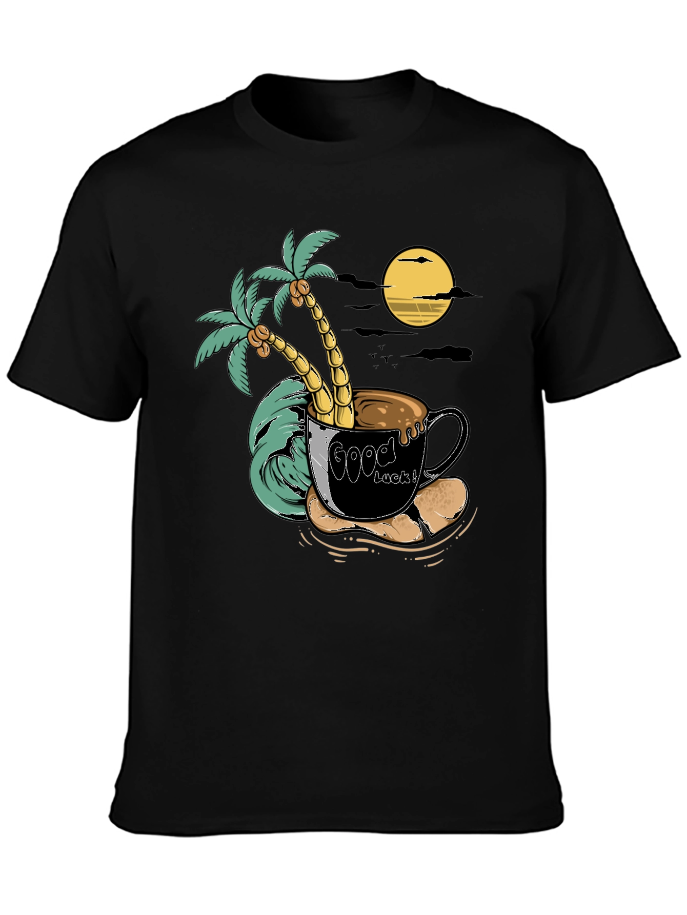 Tropical Coffee Mug T-Shirt - Good Luck Palm Tree Moon Tee