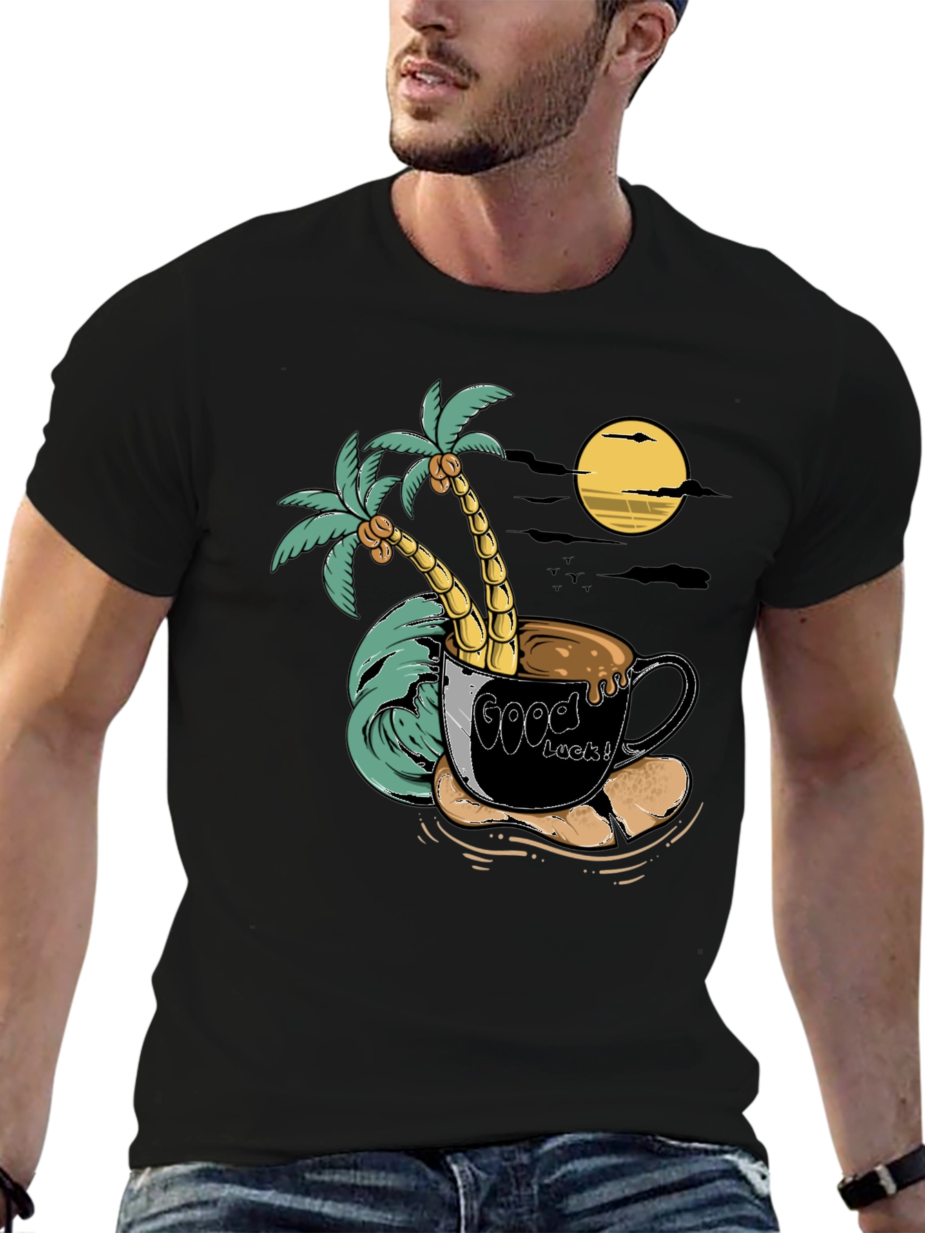 Tropical Coffee Mug T-Shirt - Good Luck Palm Tree Moon Tee