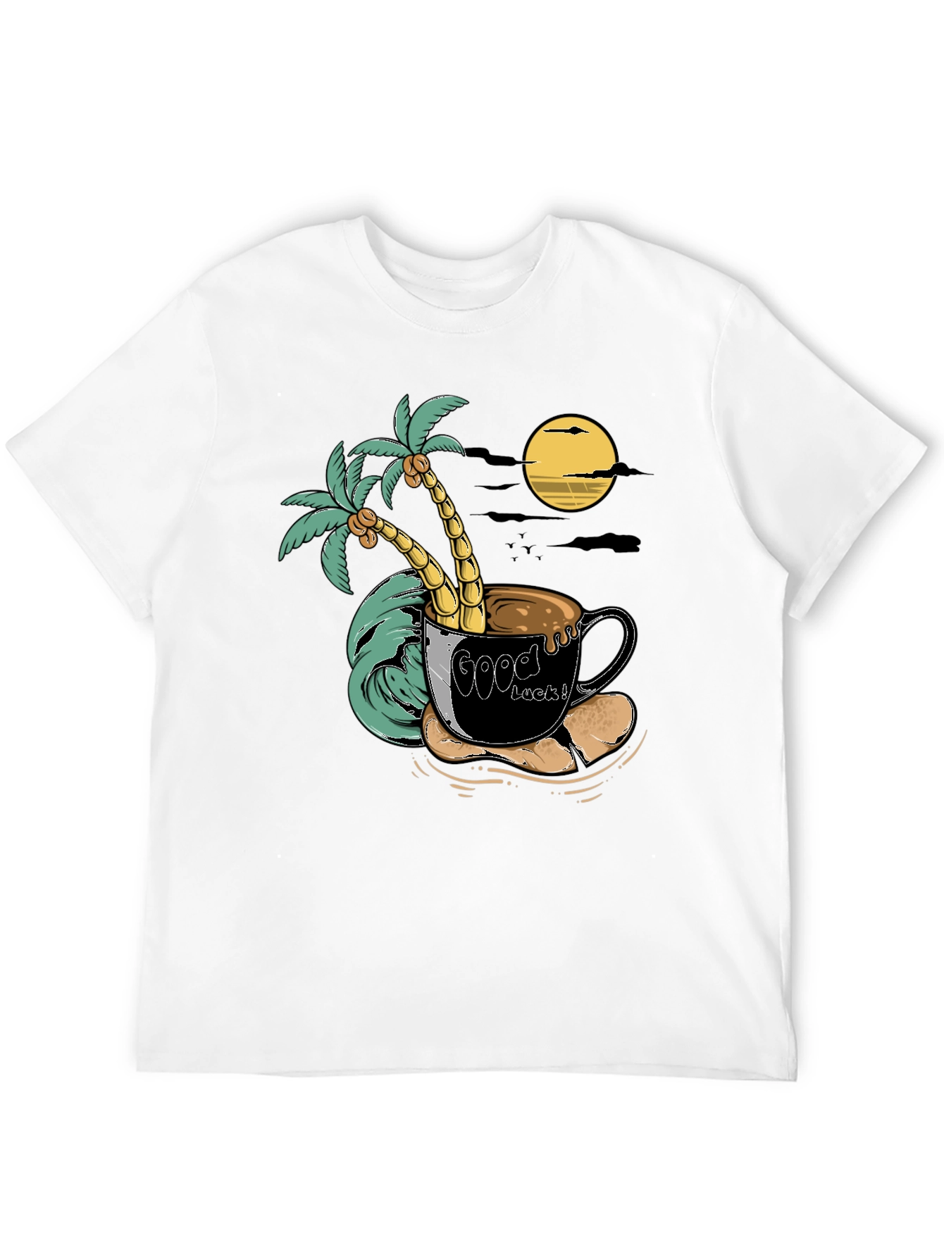 Tropical Coffee Mug T-Shirt - Good Luck Palm Tree Moon Tee