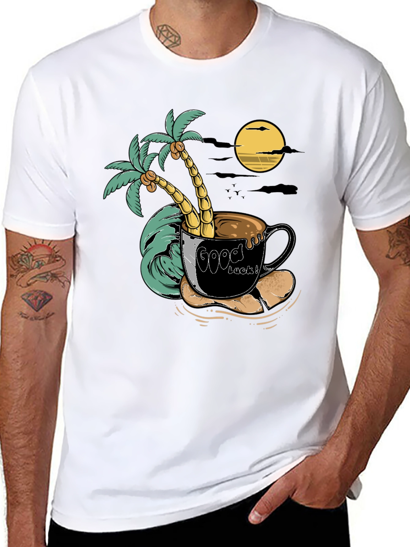 Tropical Coffee Mug T-Shirt - Good Luck Palm Tree Moon Tee