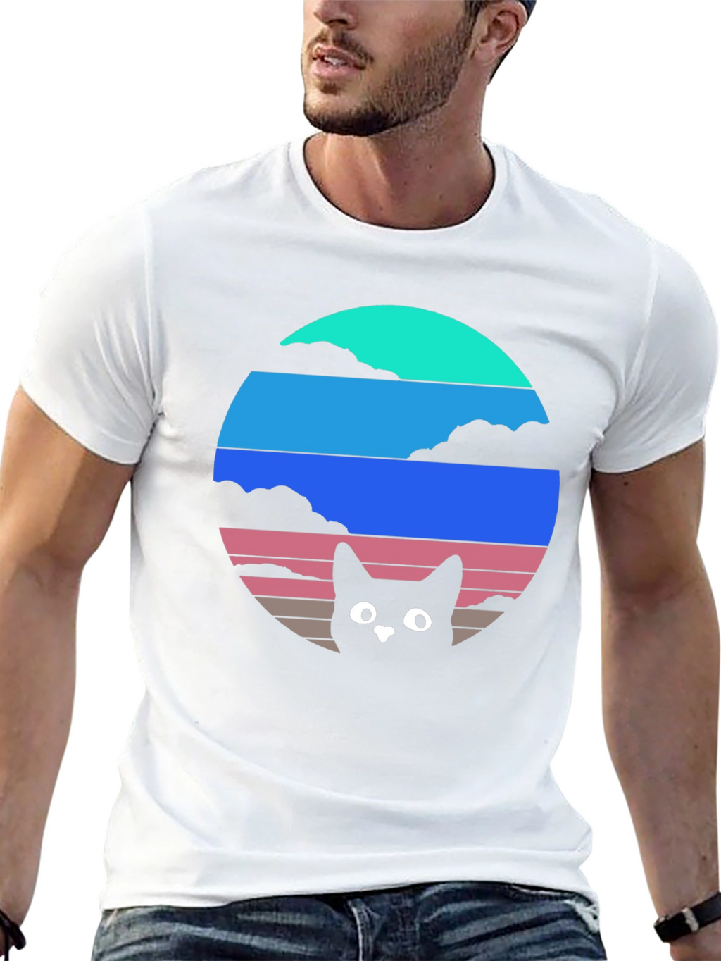 Retro Sunset Cat T-Shirt - Black