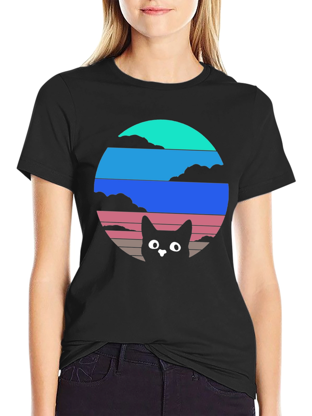 Retro Sunset Cat T-Shirt - Black