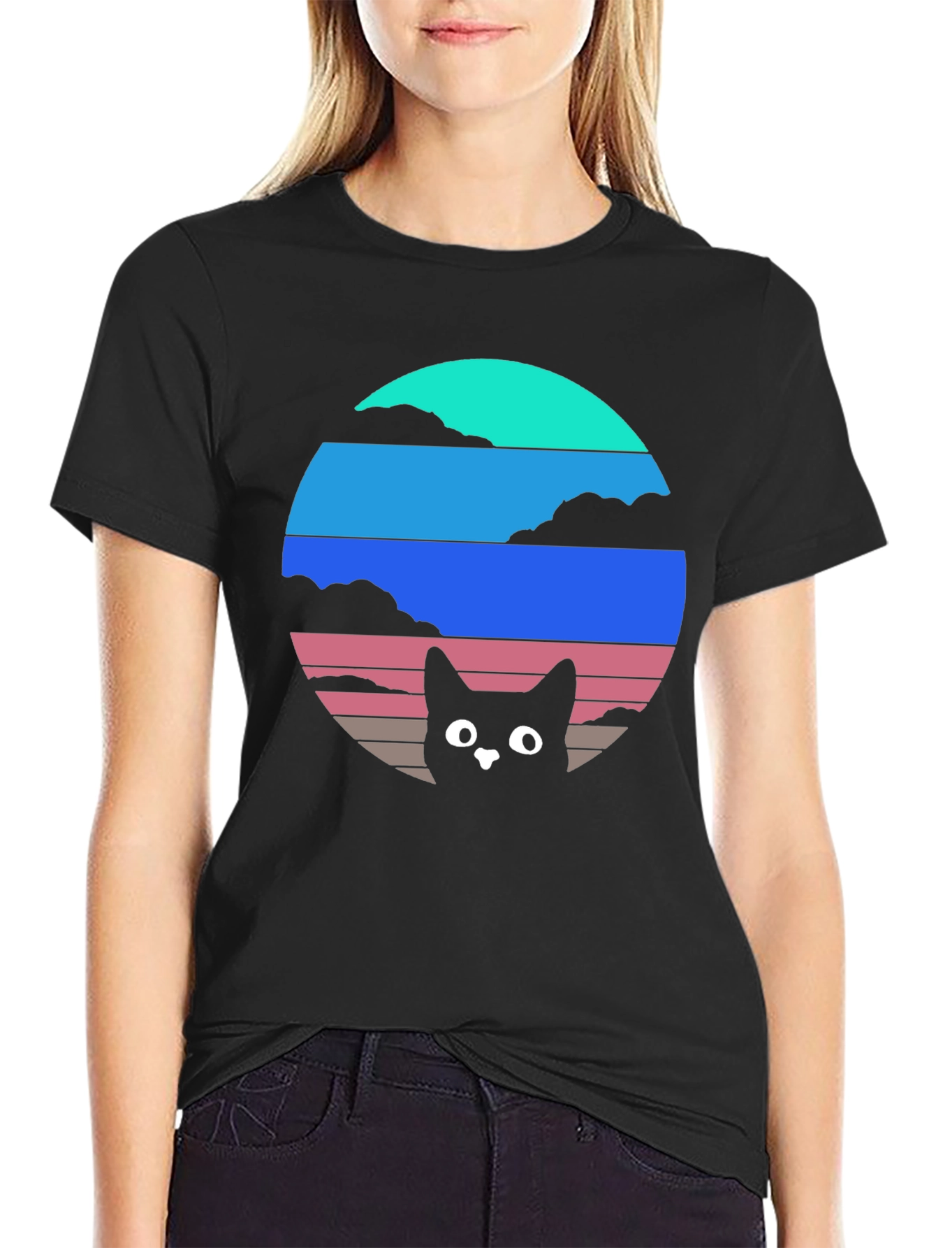 Retro Sunset Cat T-Shirt - Black