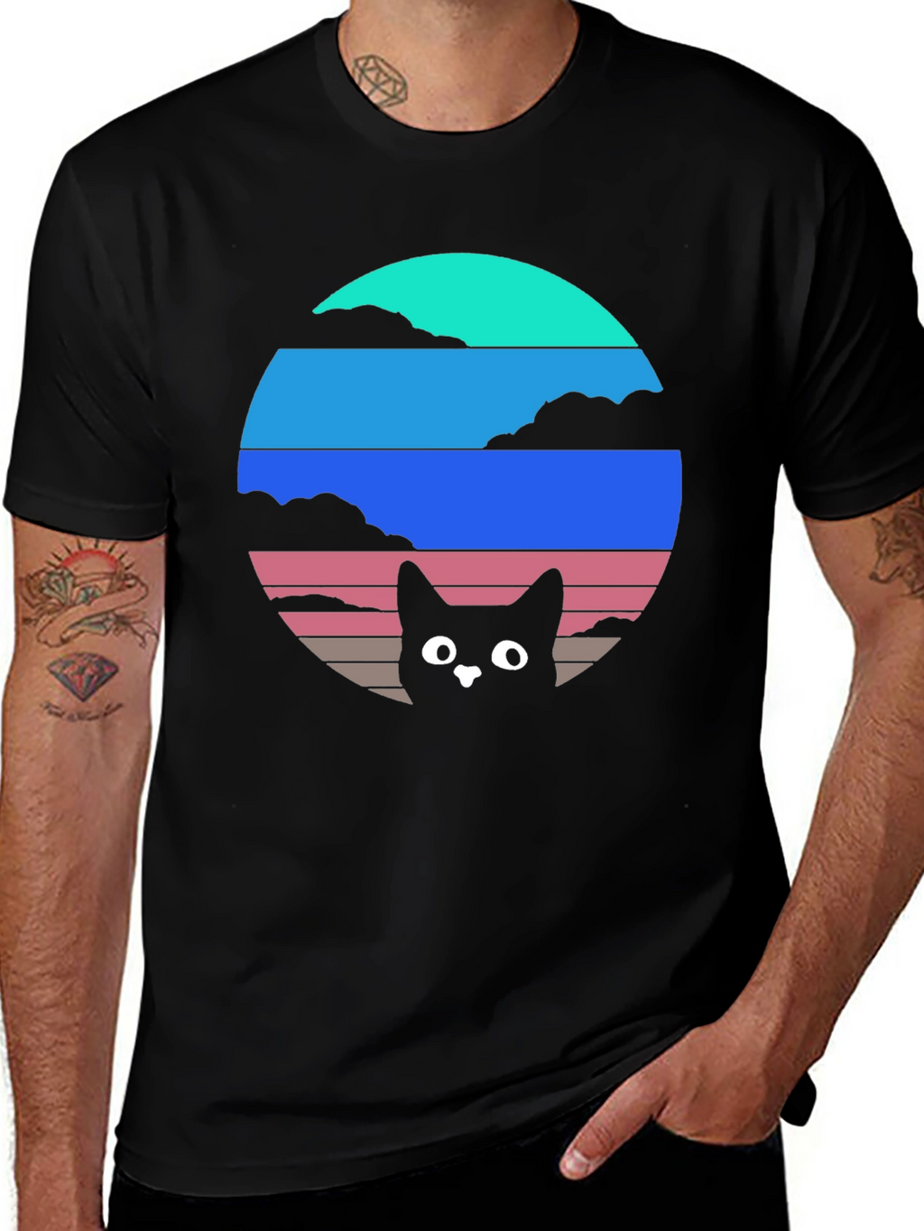Retro Sunset Cat T-Shirt - Black
