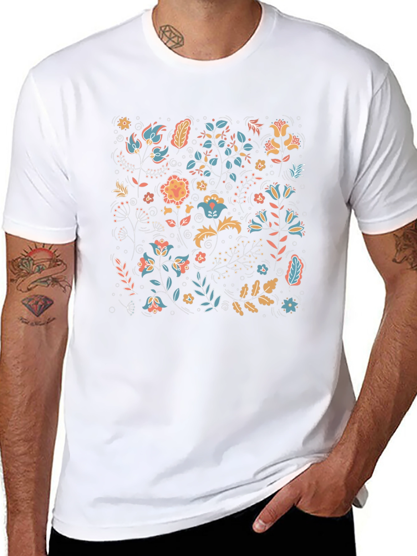 Floral Pattern Black Crew Neck T-Shirt