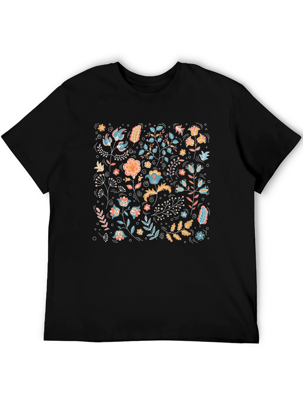 Floral Pattern Black Crew Neck T-Shirt