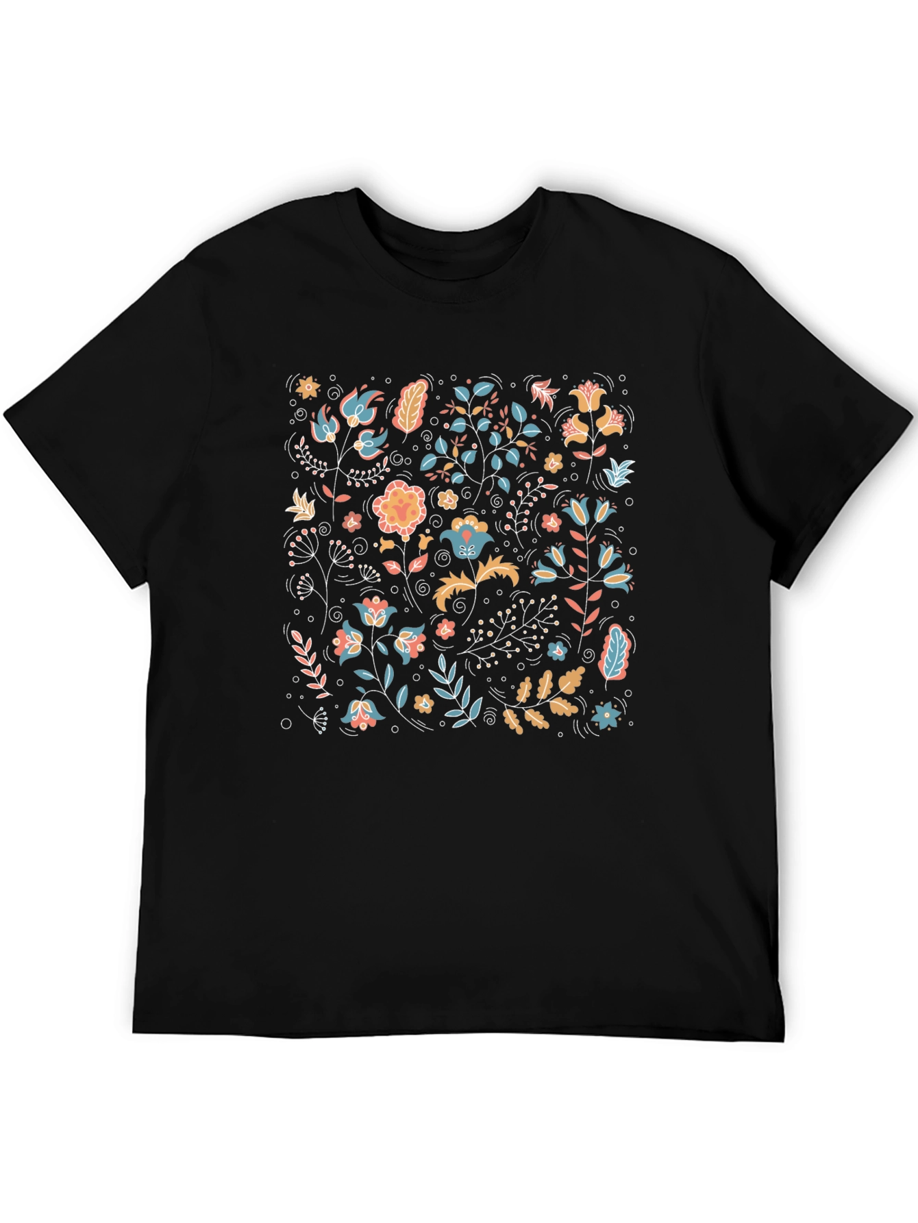 Floral Pattern Black Crew Neck T-Shirt
