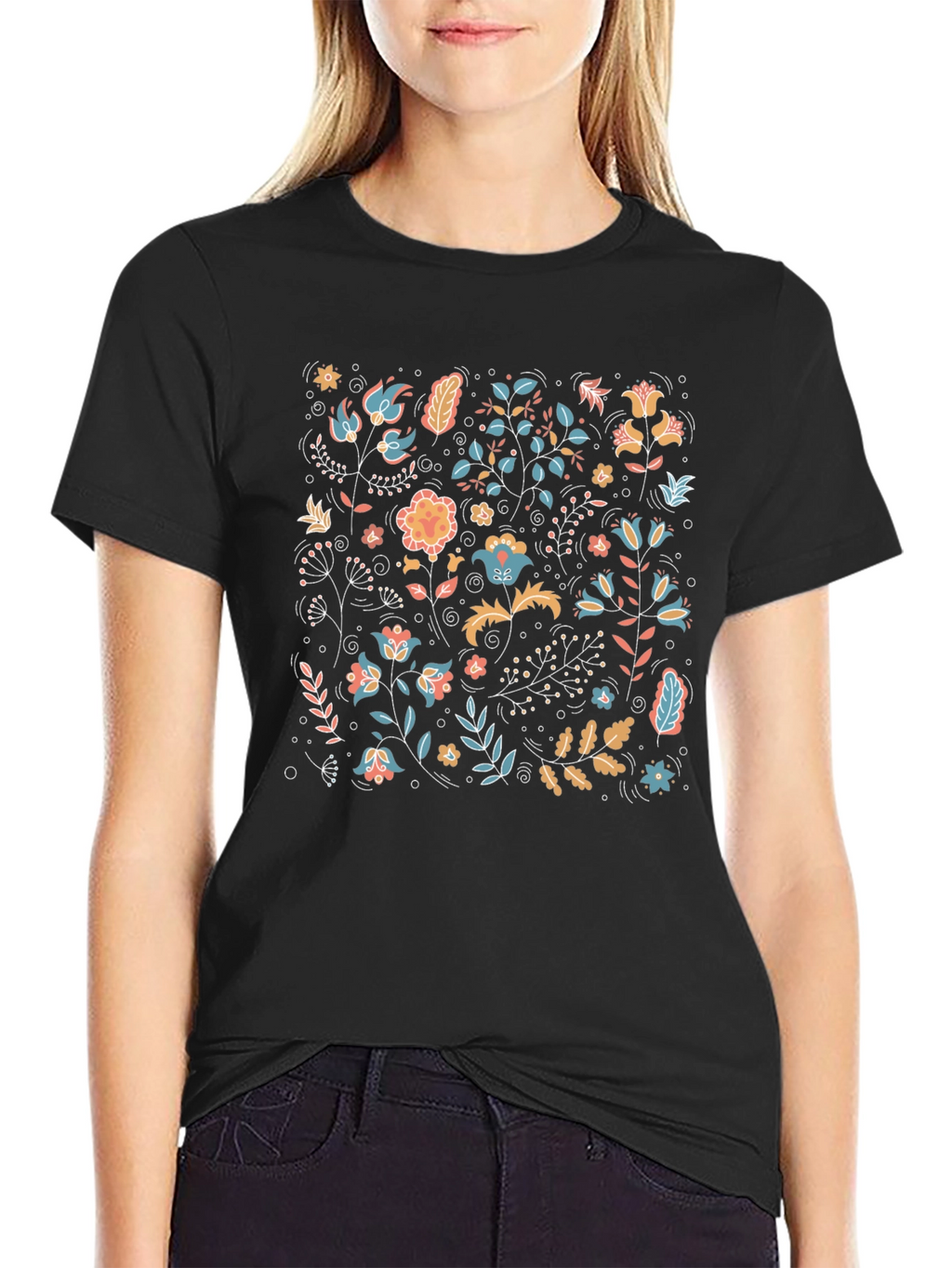 Floral Pattern Black Crew Neck T-Shirt