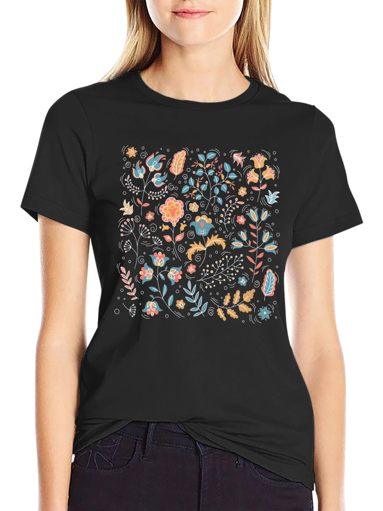 Floral Pattern Black Crew Neck T-Shirt