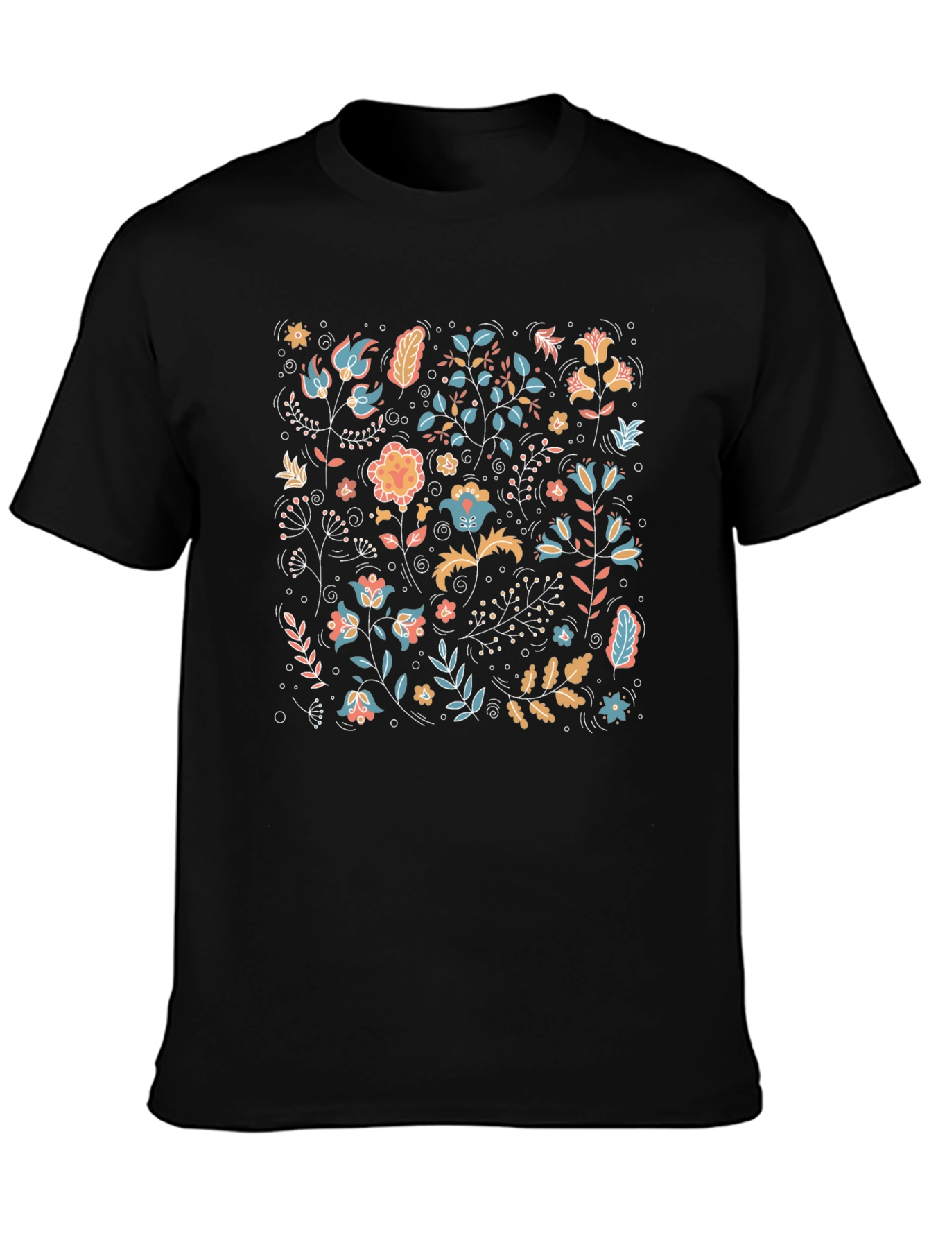 Floral Pattern Black Crew Neck T-Shirt