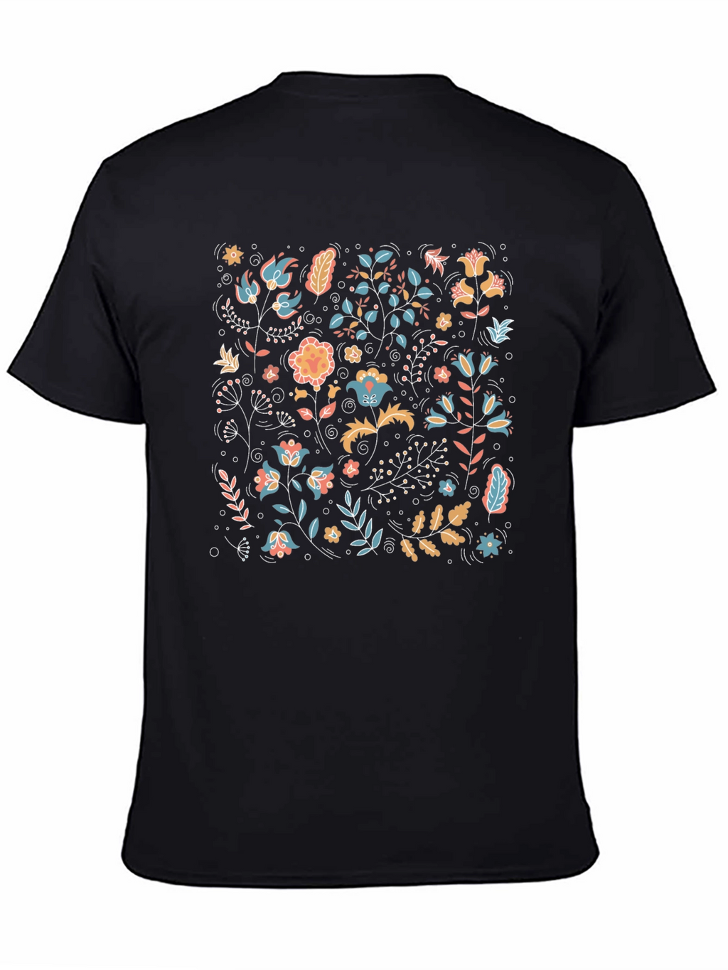 Floral Pattern Black Crew Neck T-Shirt