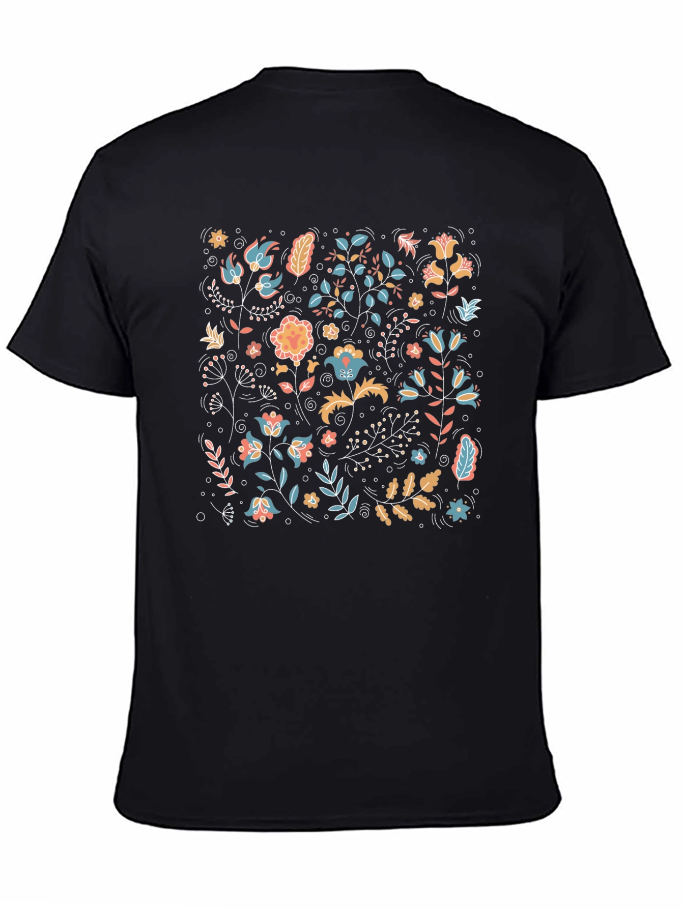 Floral Pattern Black Crew Neck T-Shirt