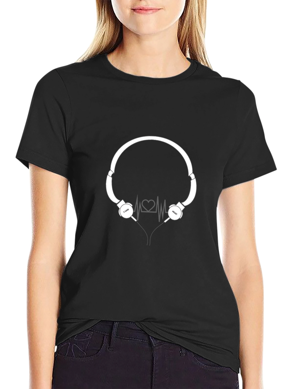 I Love Music Black T-Shirt with Headphone Graphic