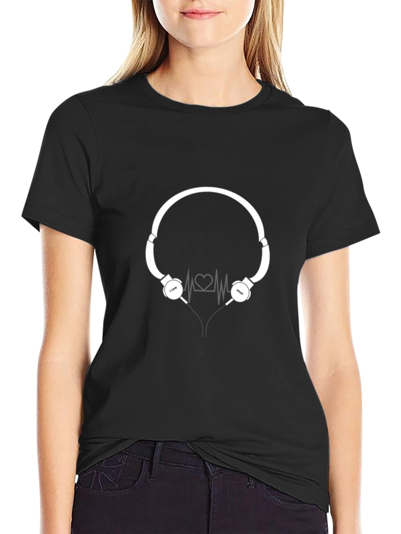 I Love Music Black T-Shirt with Headphone Graphic