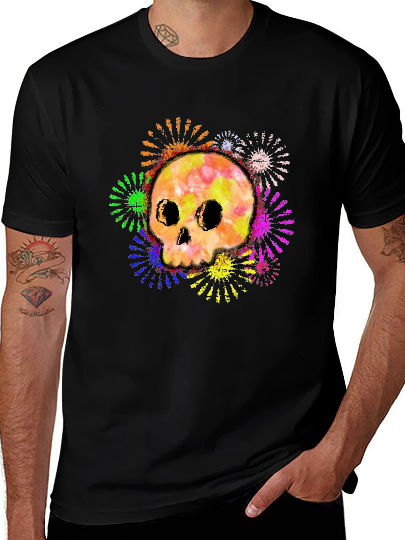 Colorful Skull Fireworks Graphic Tee