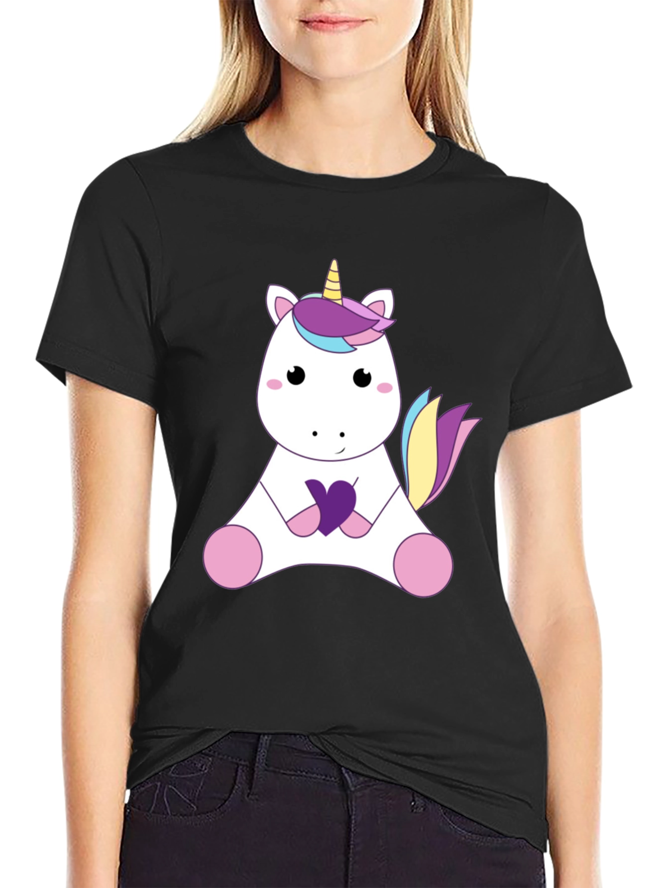 Cute Unicorn Graphic Tee - Black Cotton T-Shirt
