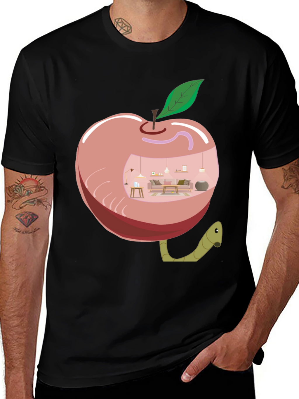 Apple Home Worm Tee - Unique Graphic T-Shirt
