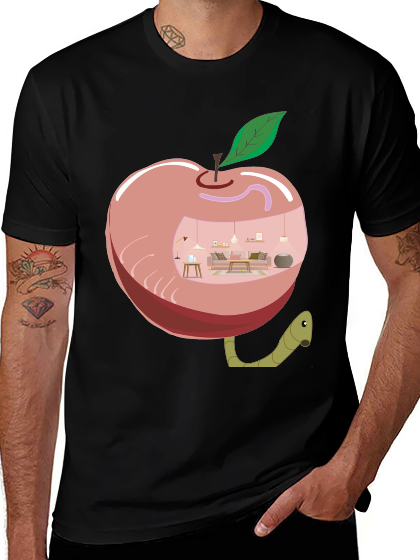 Apple Home Worm Tee - Unique Graphic T-Shirt