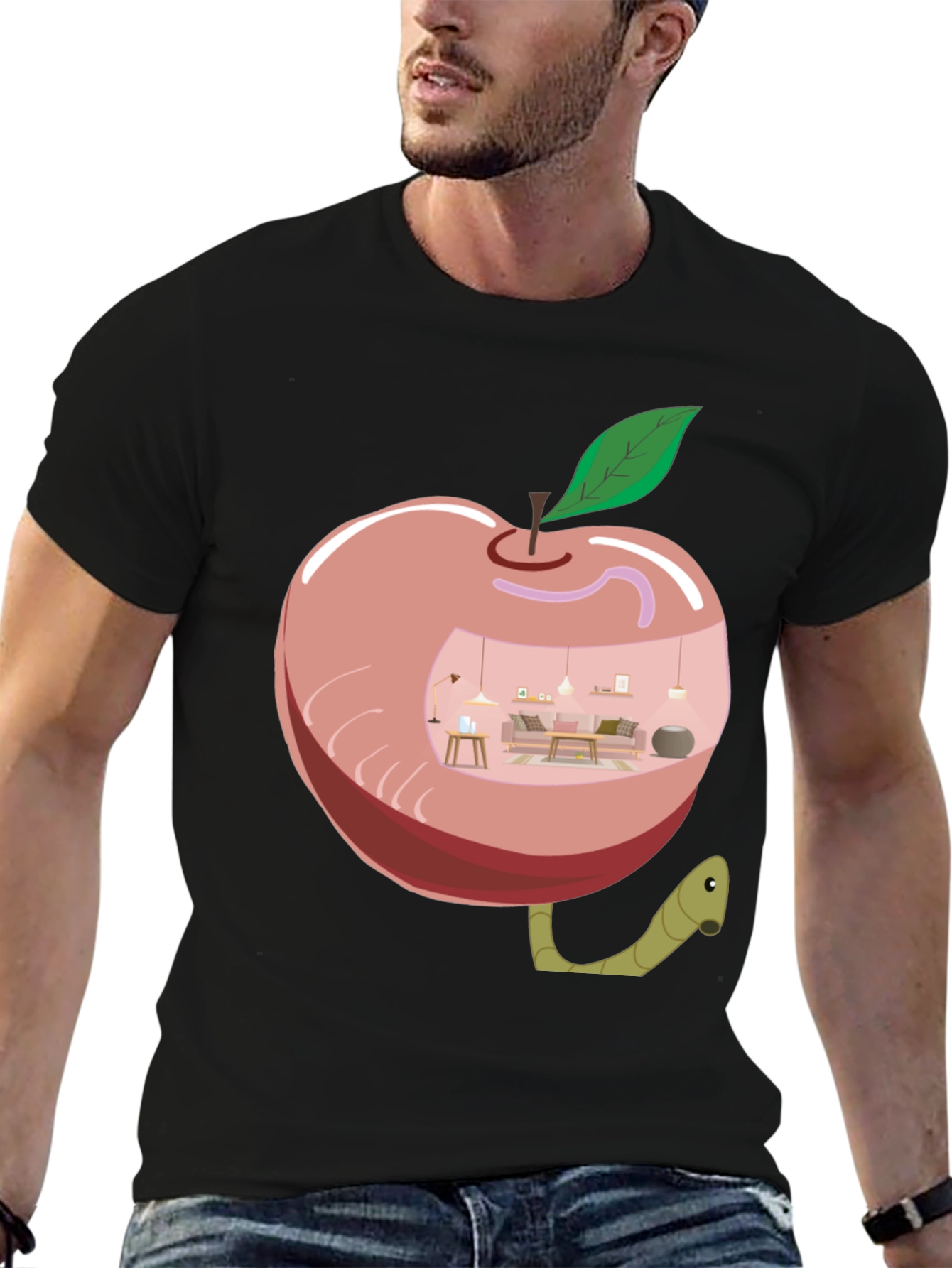 Apple Home Worm Tee - Unique Graphic T-Shirt