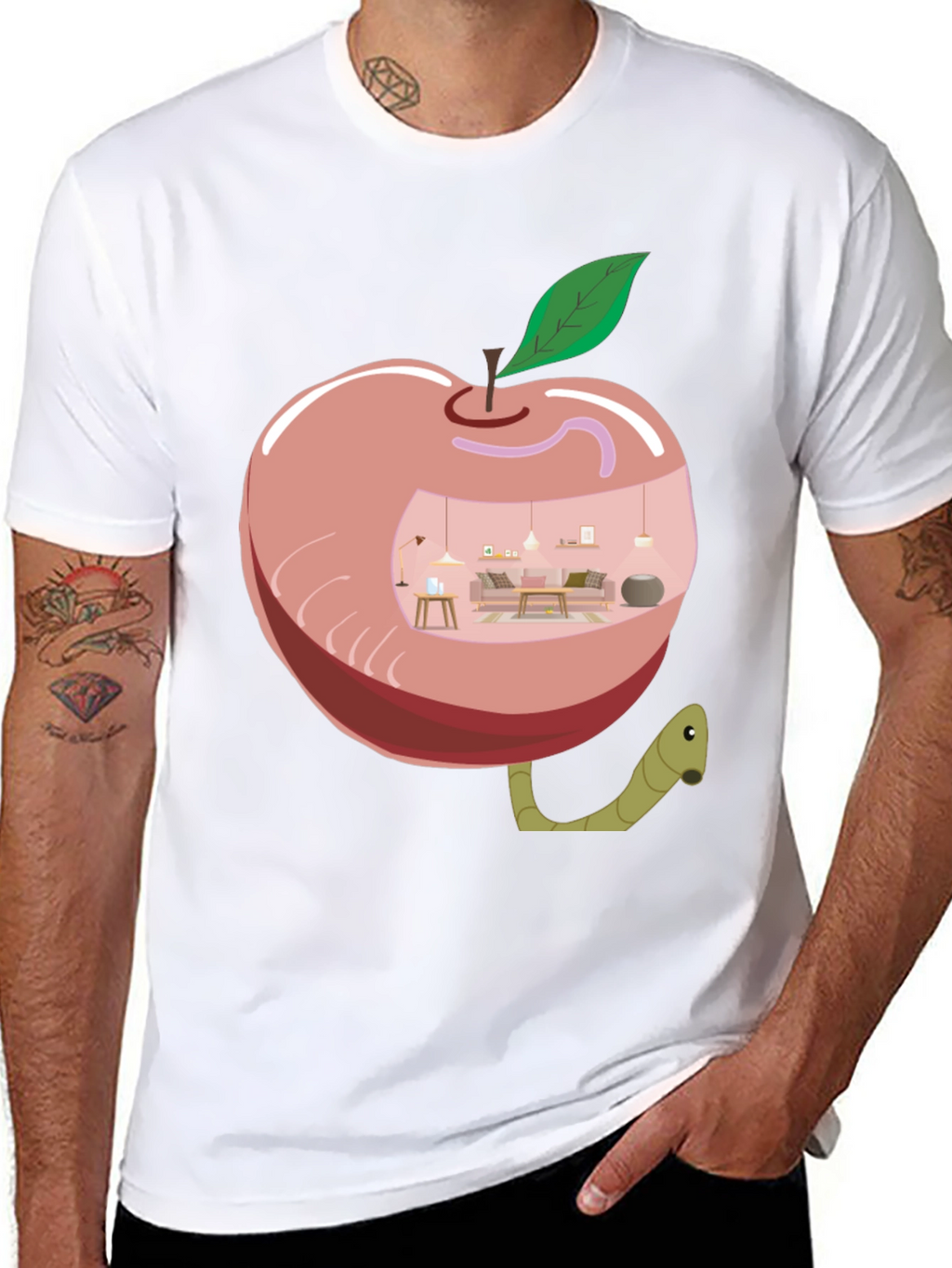 Apple Home Worm Tee - Unique Graphic T-Shirt