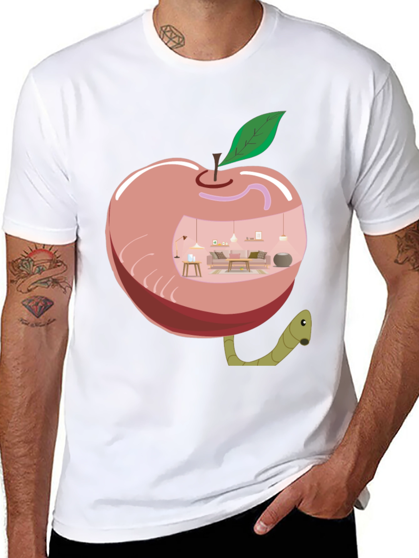 Apple Home Worm Tee - Unique Graphic T-Shirt