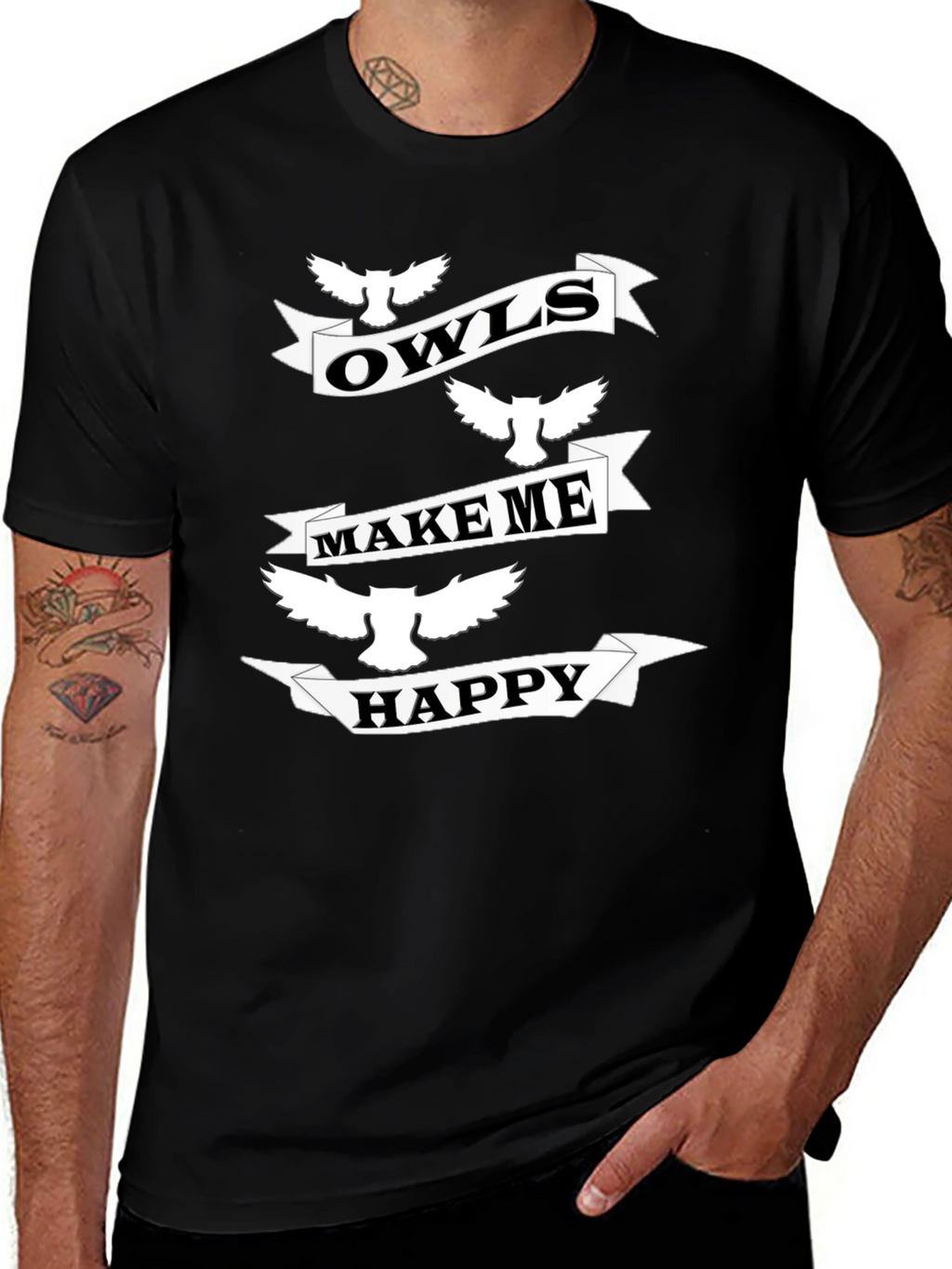 Owls Make Me Happy Black Graphic T-Shirt
