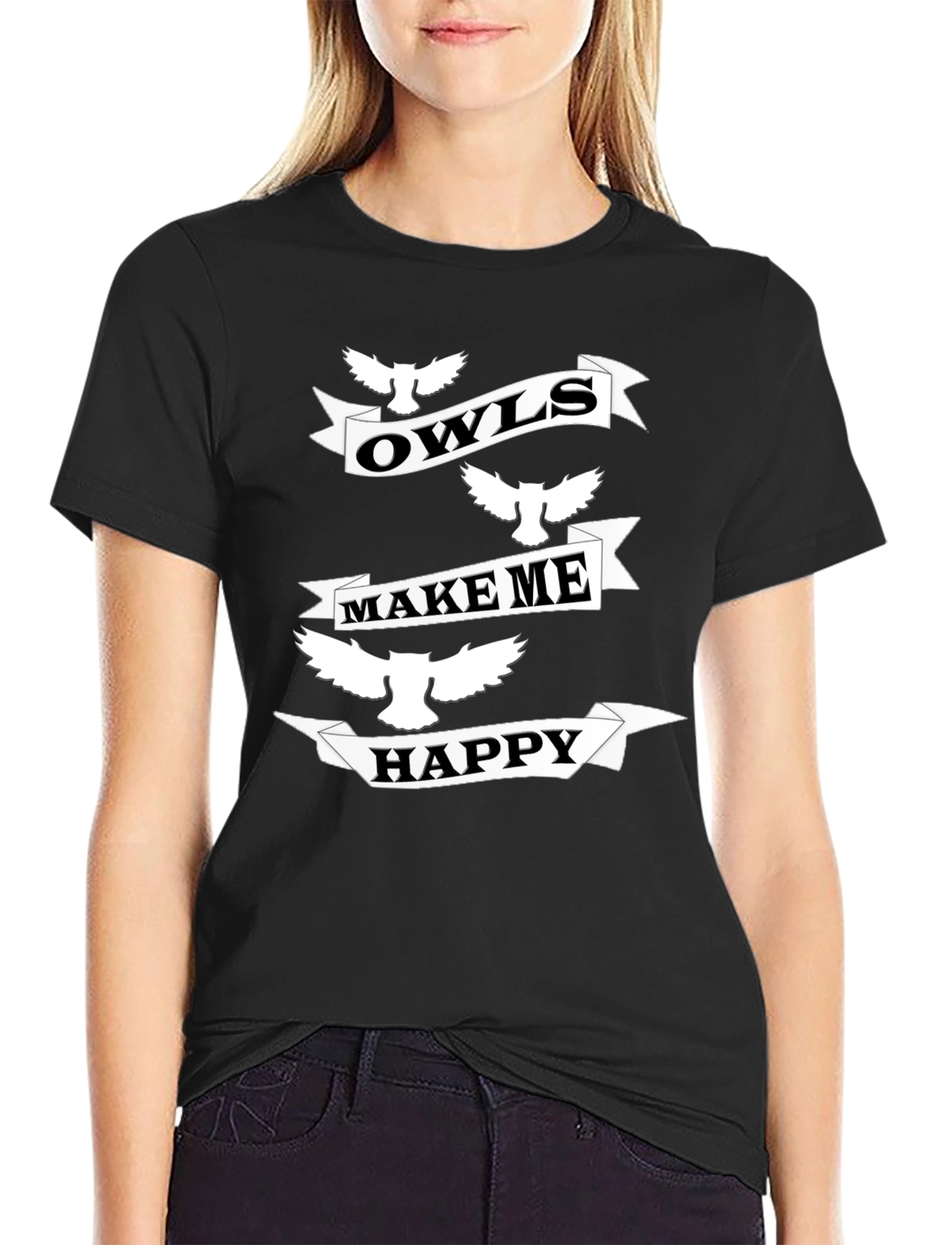 Owls Make Me Happy Black Graphic T-Shirt
