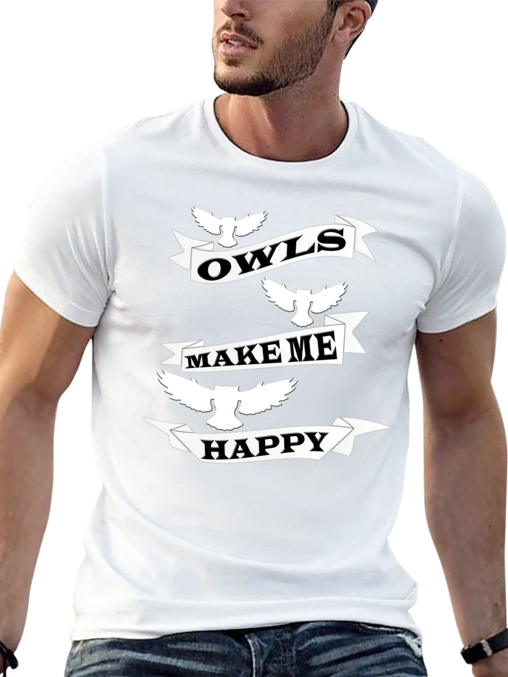 Owls Make Me Happy Black Graphic T-Shirt