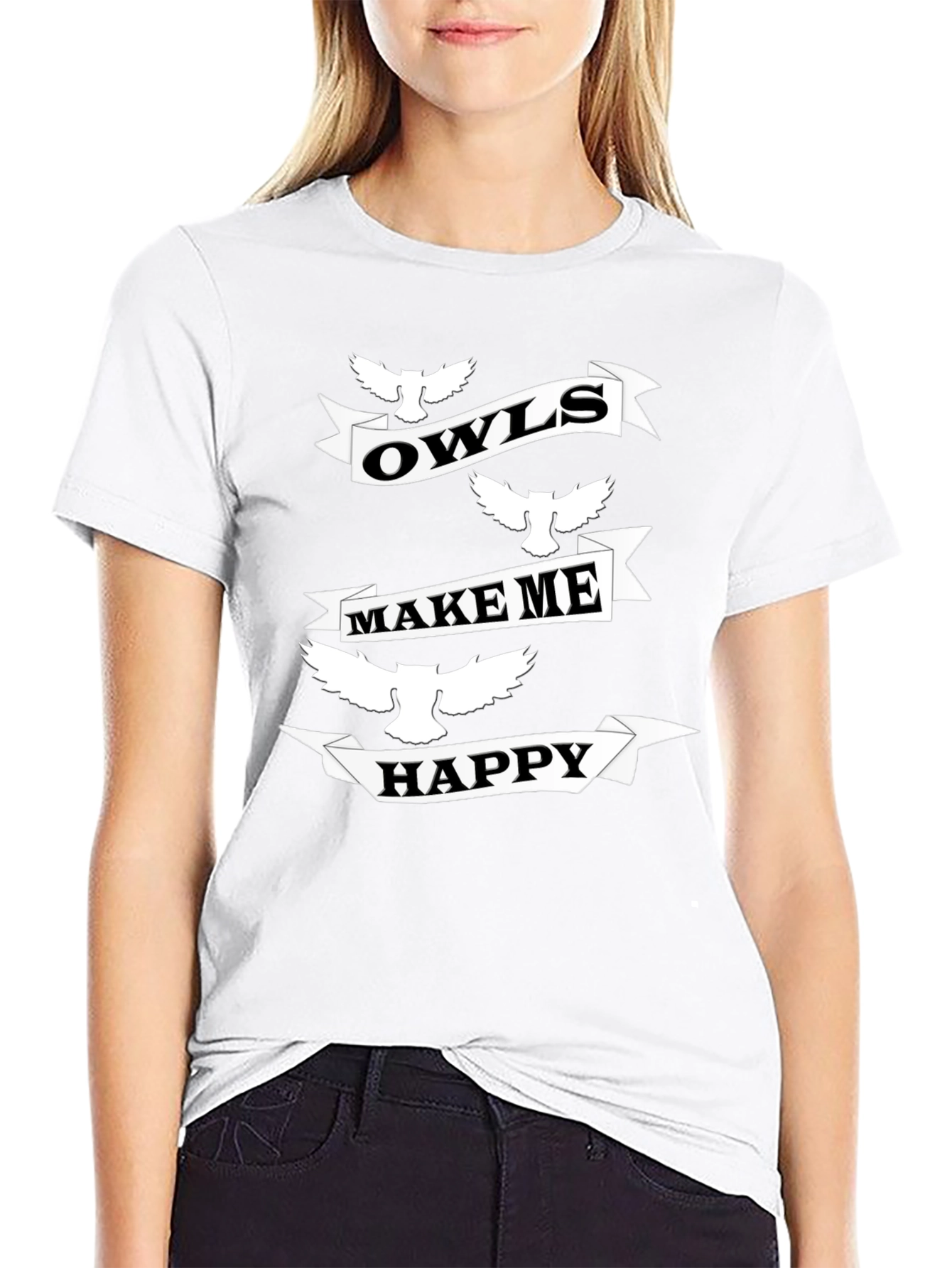 Owls Make Me Happy Black Graphic T-Shirt