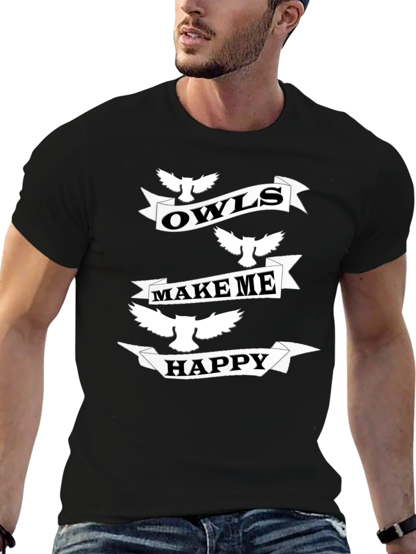 Owls Make Me Happy Black Graphic T-Shirt