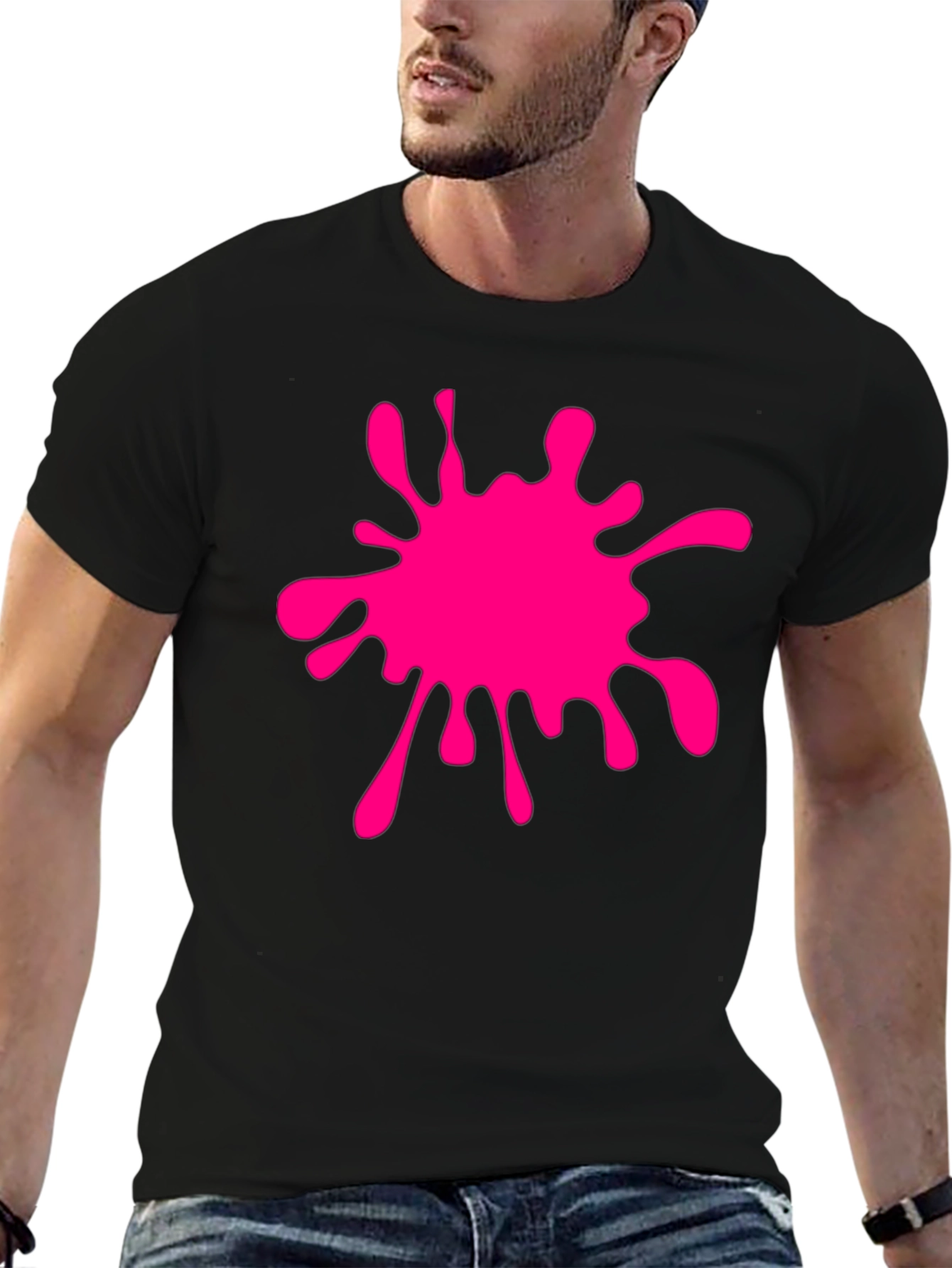 Black T-Shirt with Pink Paint Splatter