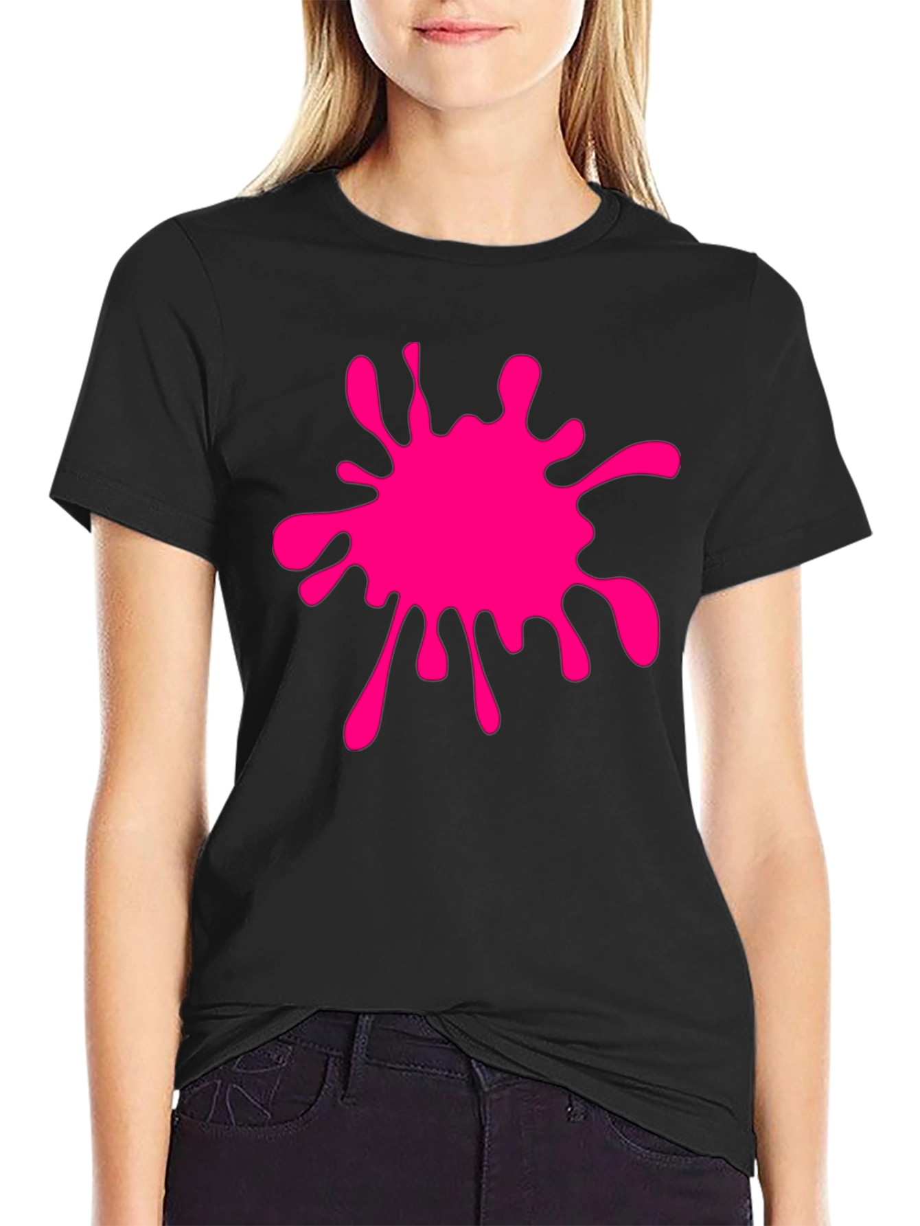 Black T-Shirt with Pink Paint Splatter