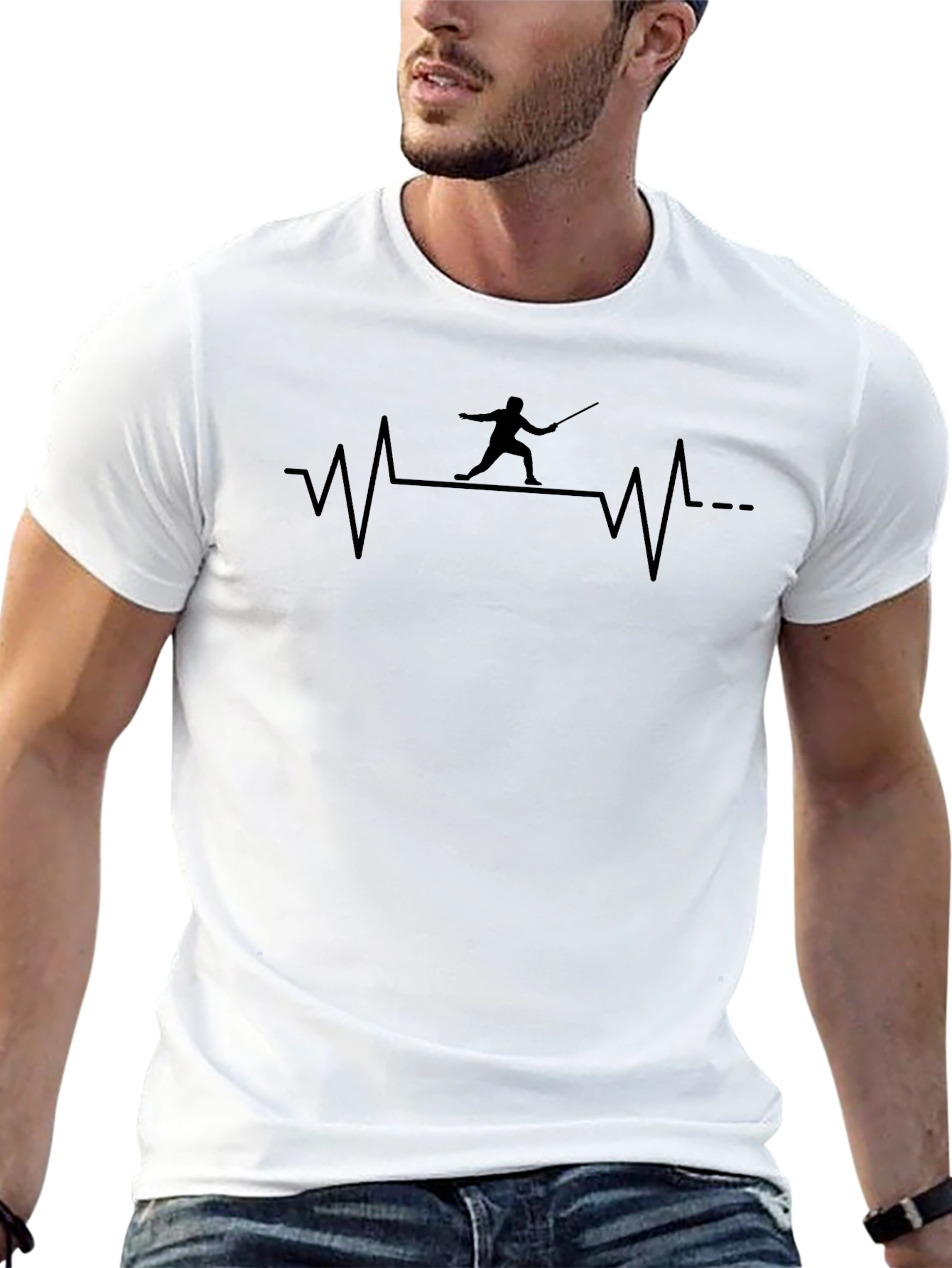 Fencing Heartbeat Graphic Tee - Sporty Mens Black T-Shirt