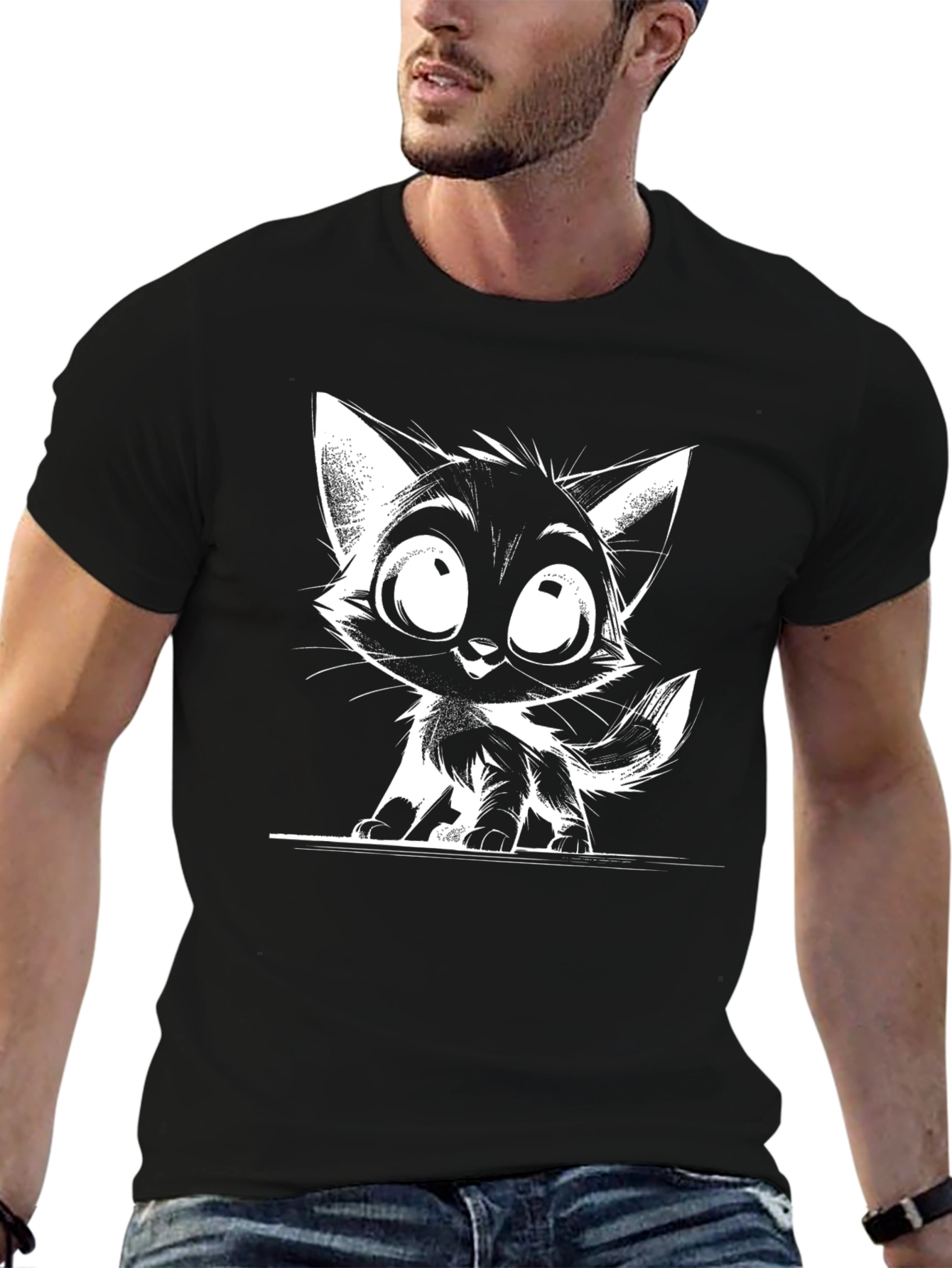 Cartoon Cat Graphic T-Shirt - Black