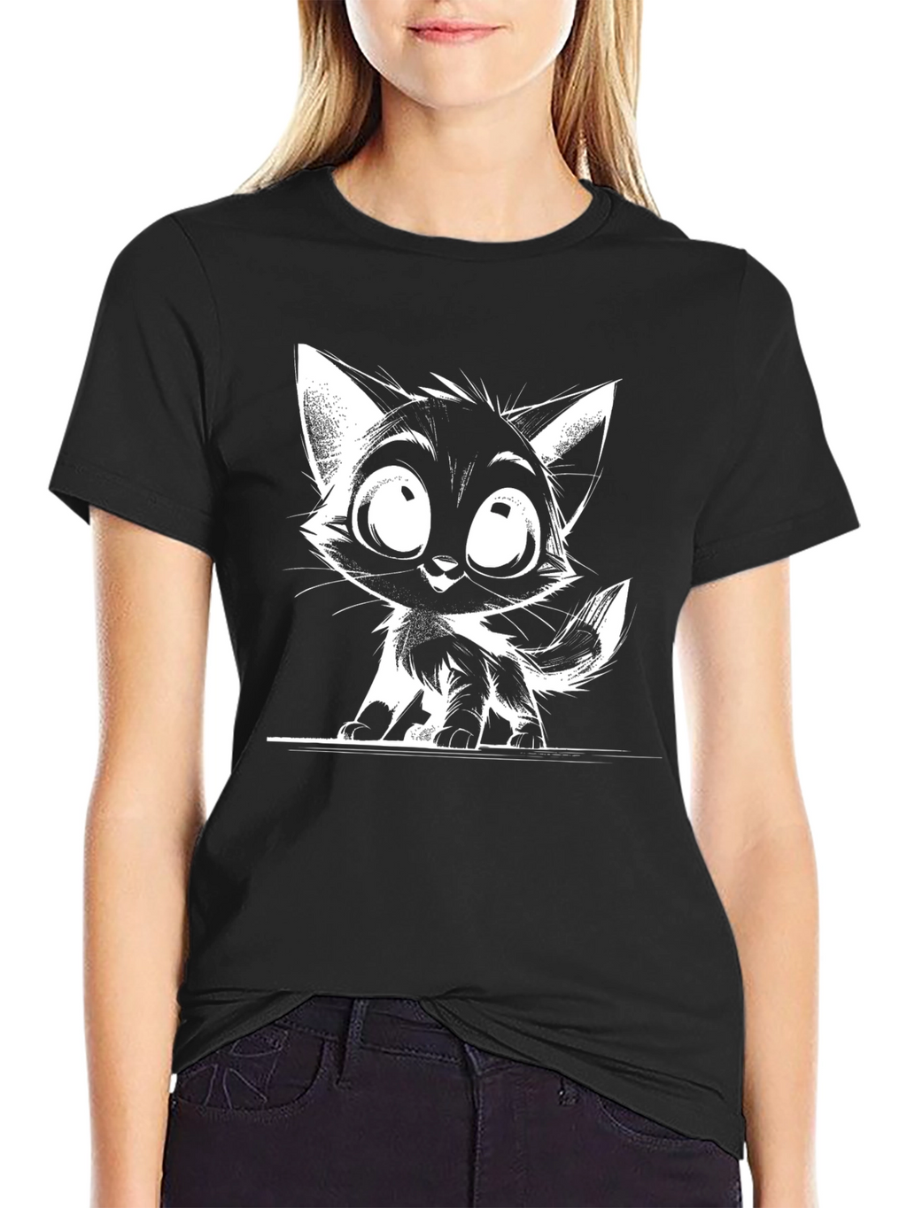 Cartoon Cat Graphic T-Shirt - Black