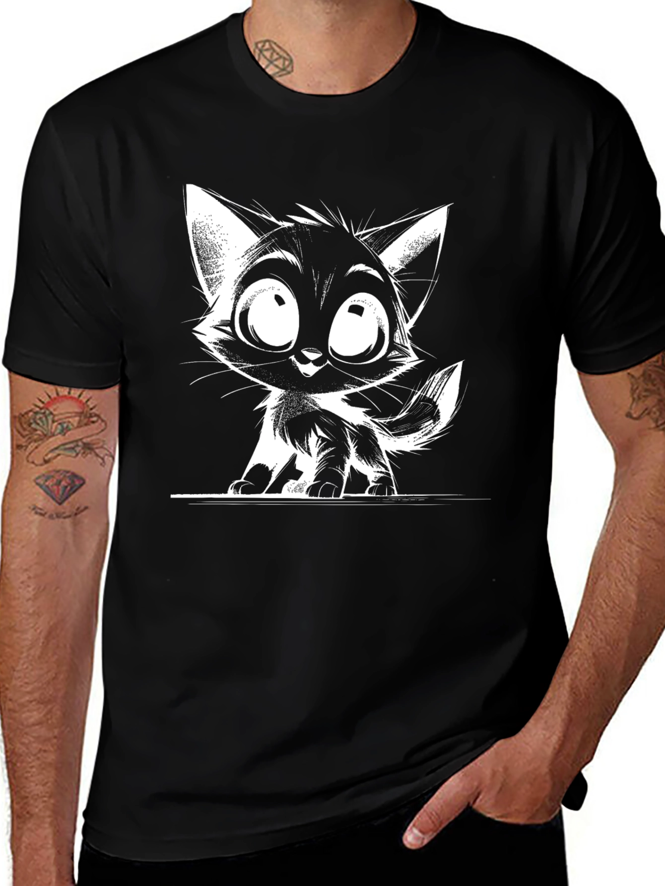 Cartoon Cat Graphic T-Shirt - Black
