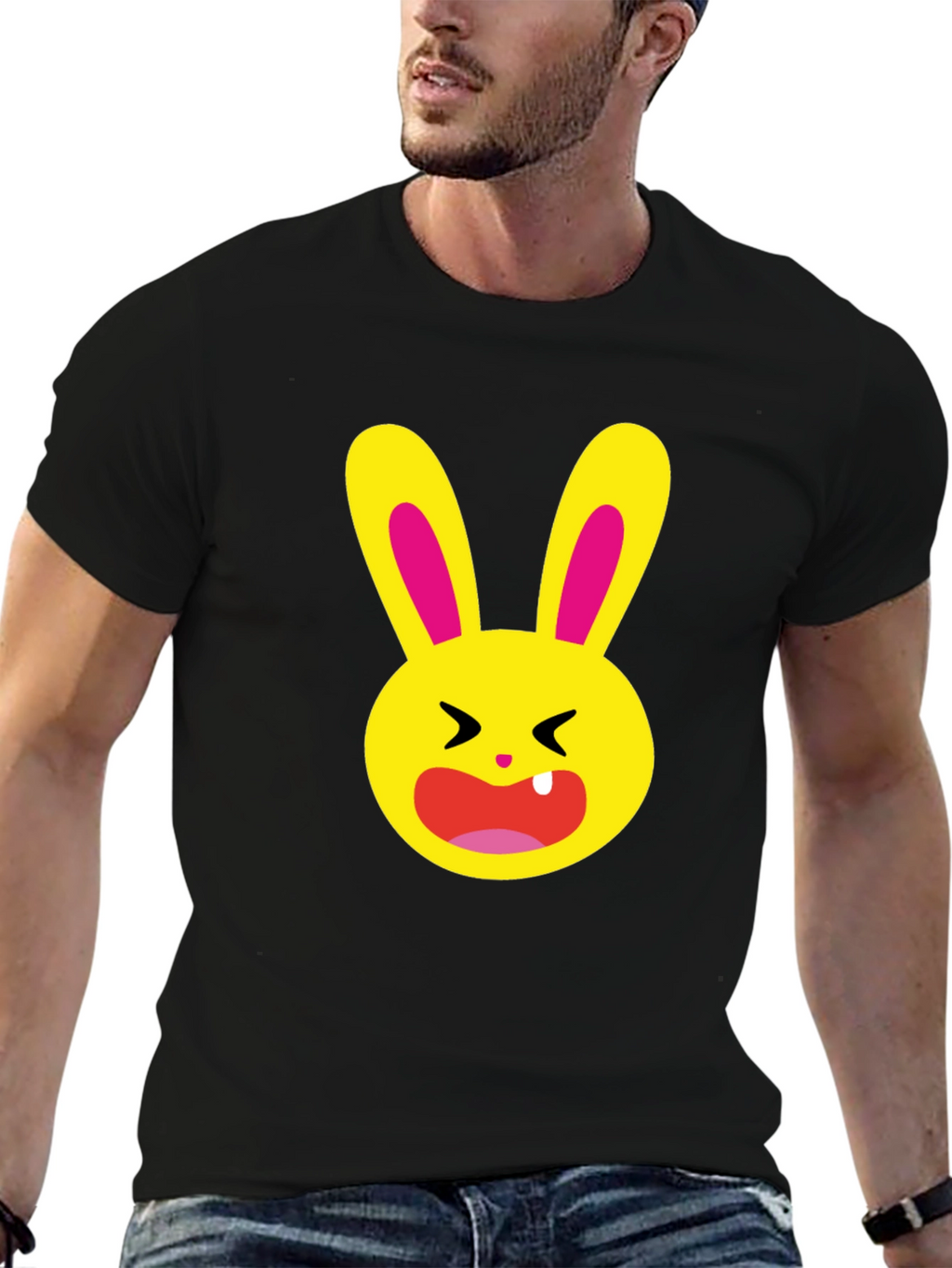 Funky Cartoon Bunny Graphic Tee - Black