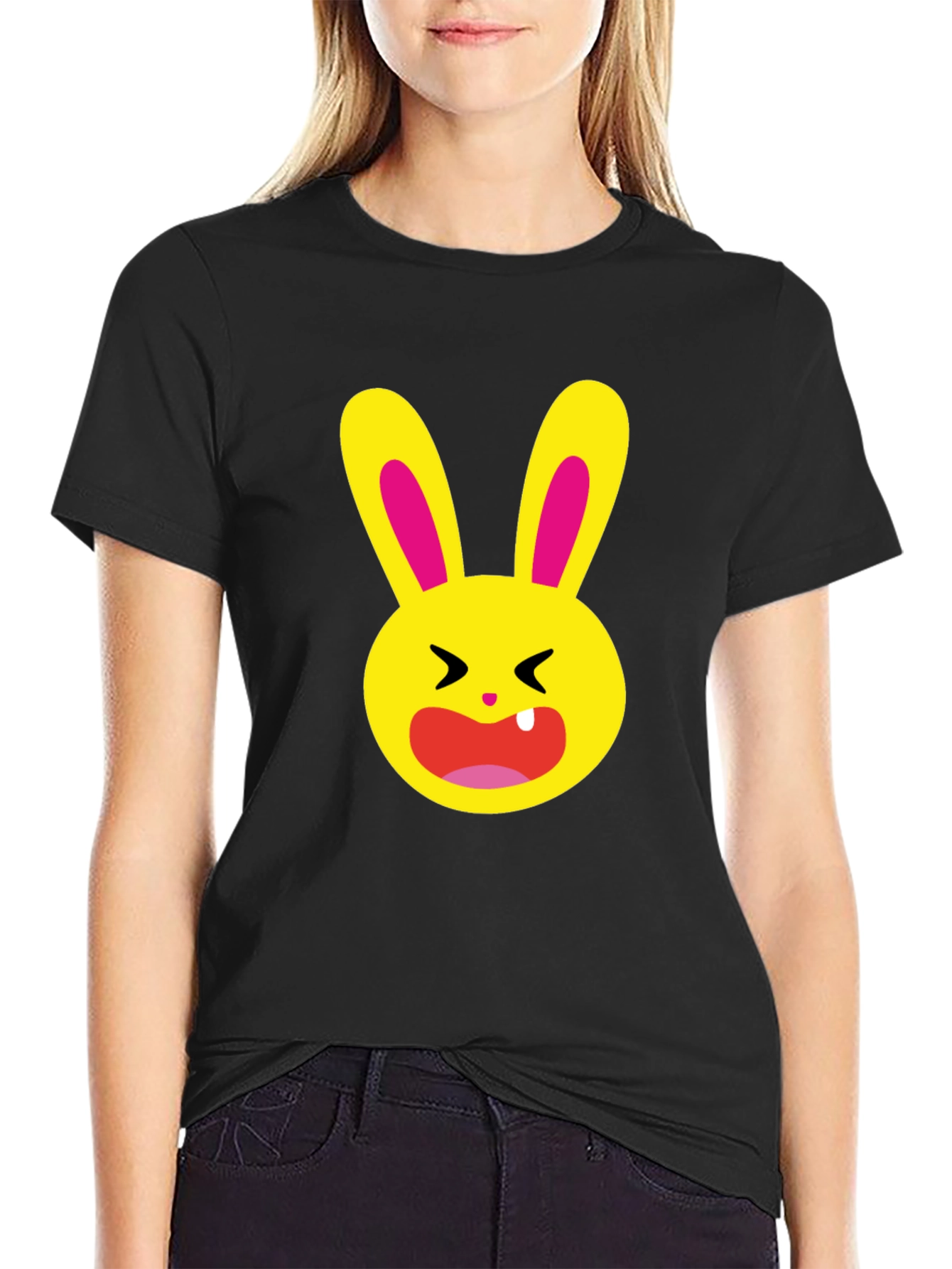 Funky Cartoon Bunny Graphic Tee - Black