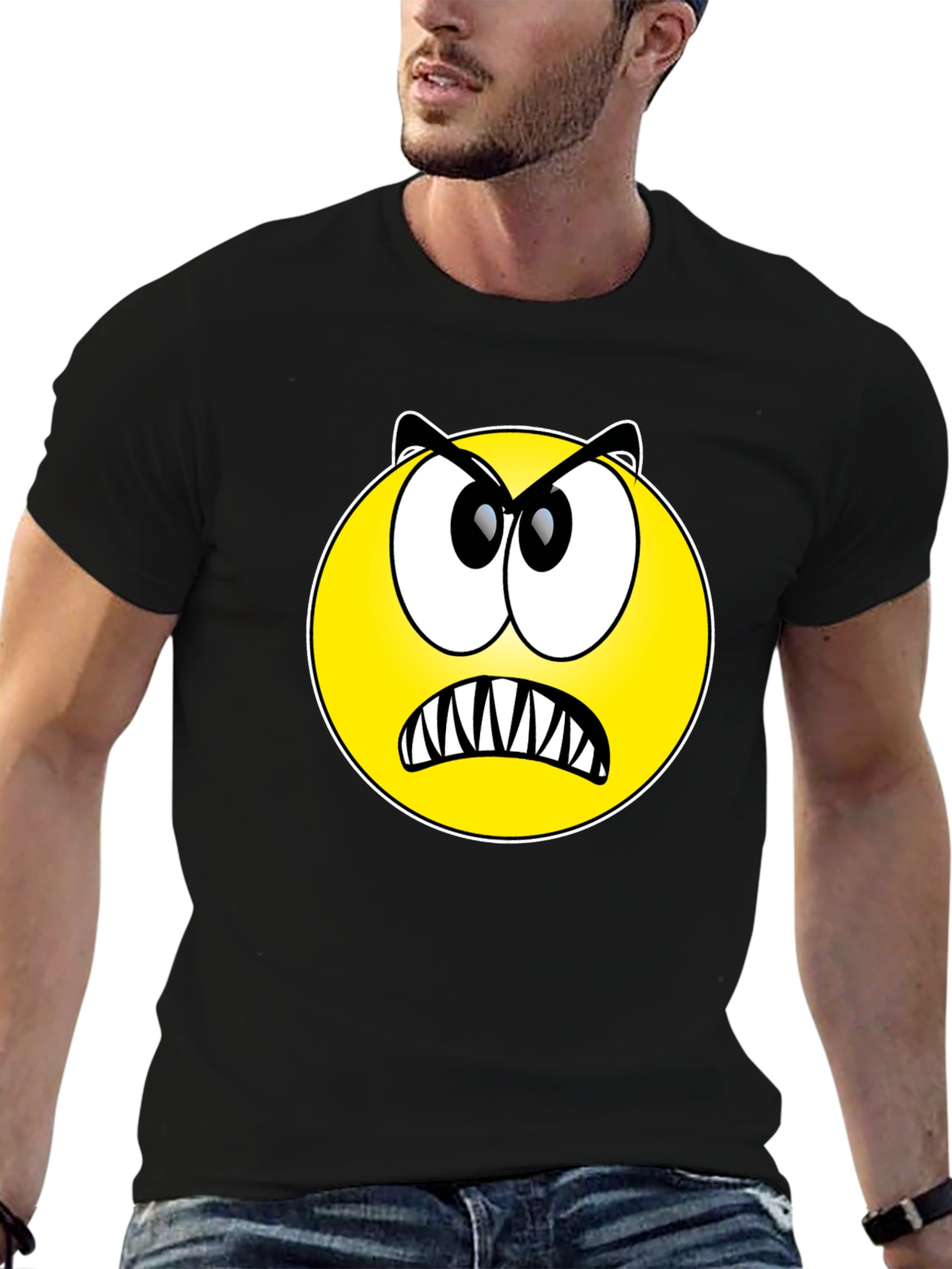 Angry Emoji Graphic Tee - Black Cotton T-Shirt