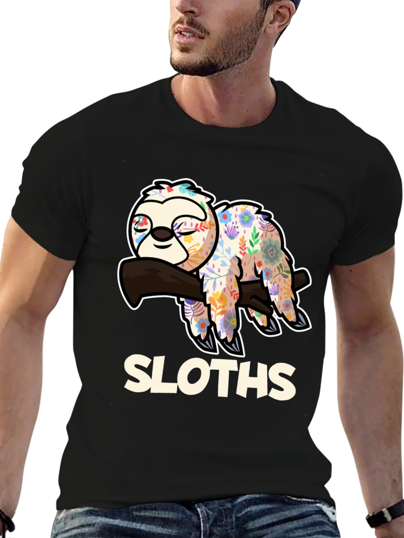 Floral Sloth Graphic Tee - Relaxed Fit Black T-Shirt