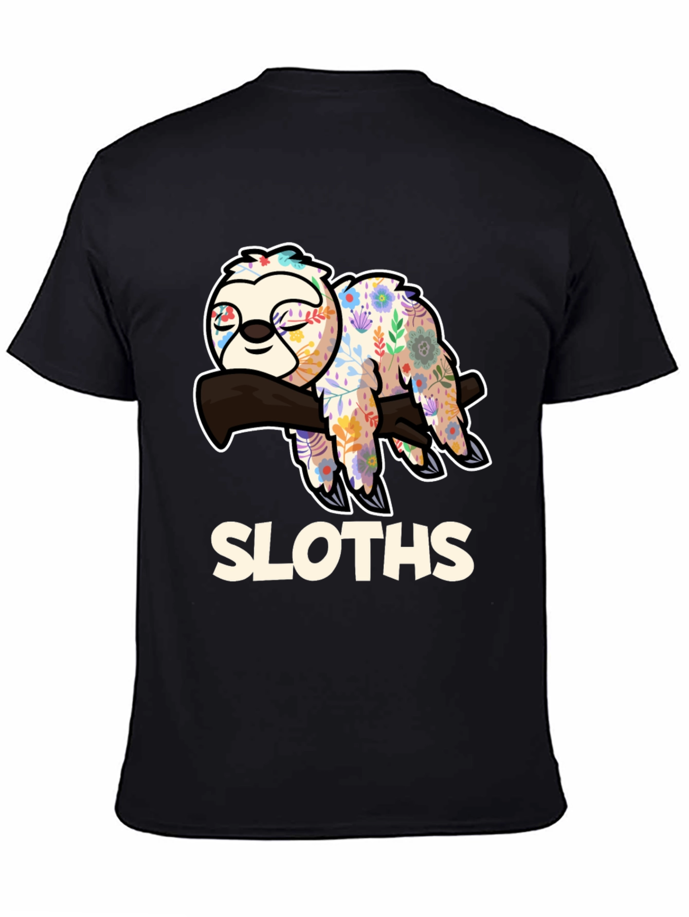 Floral Sloth Graphic Tee - Relaxed Fit Black T-Shirt