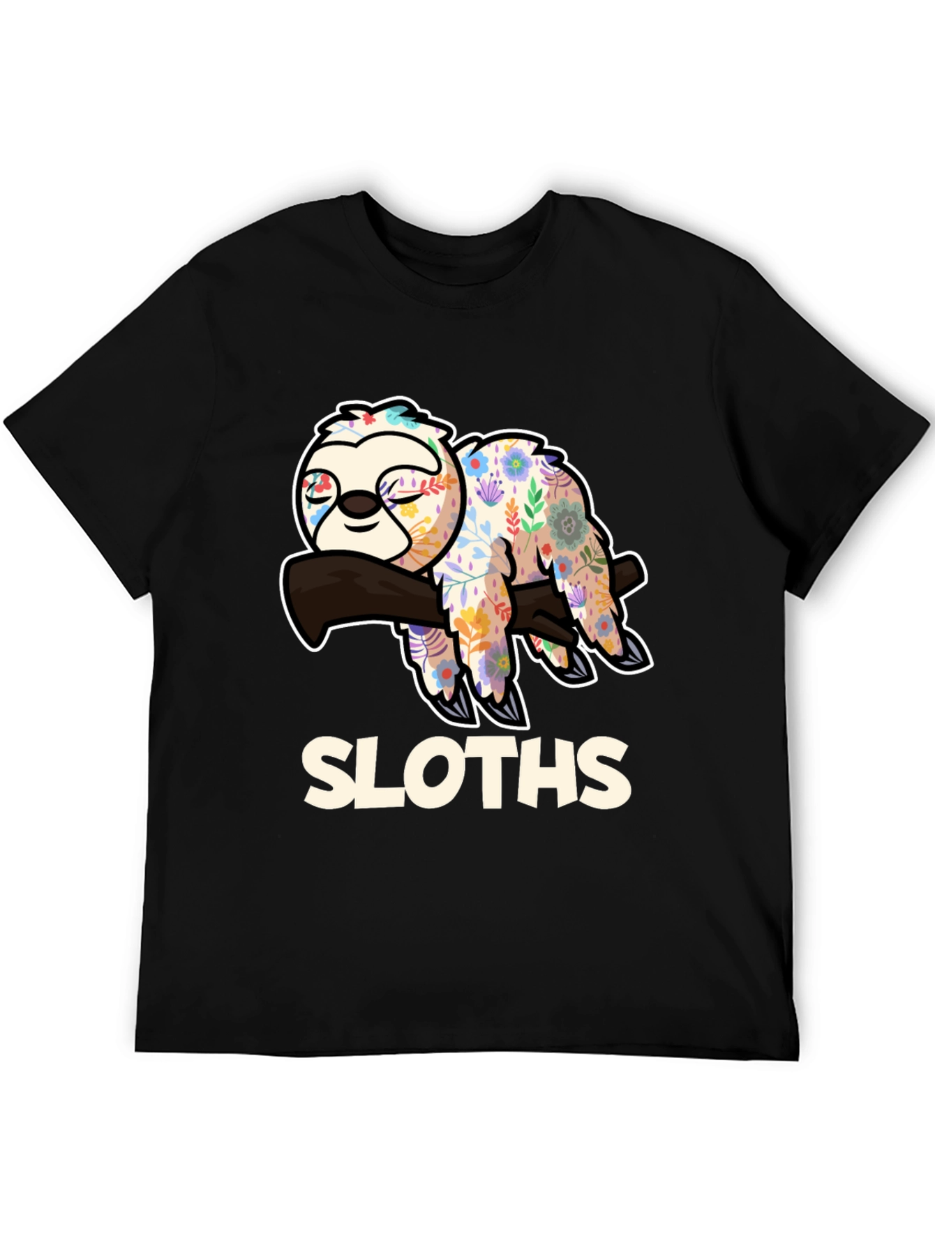 Floral Sloth Graphic Tee - Relaxed Fit Black T-Shirt