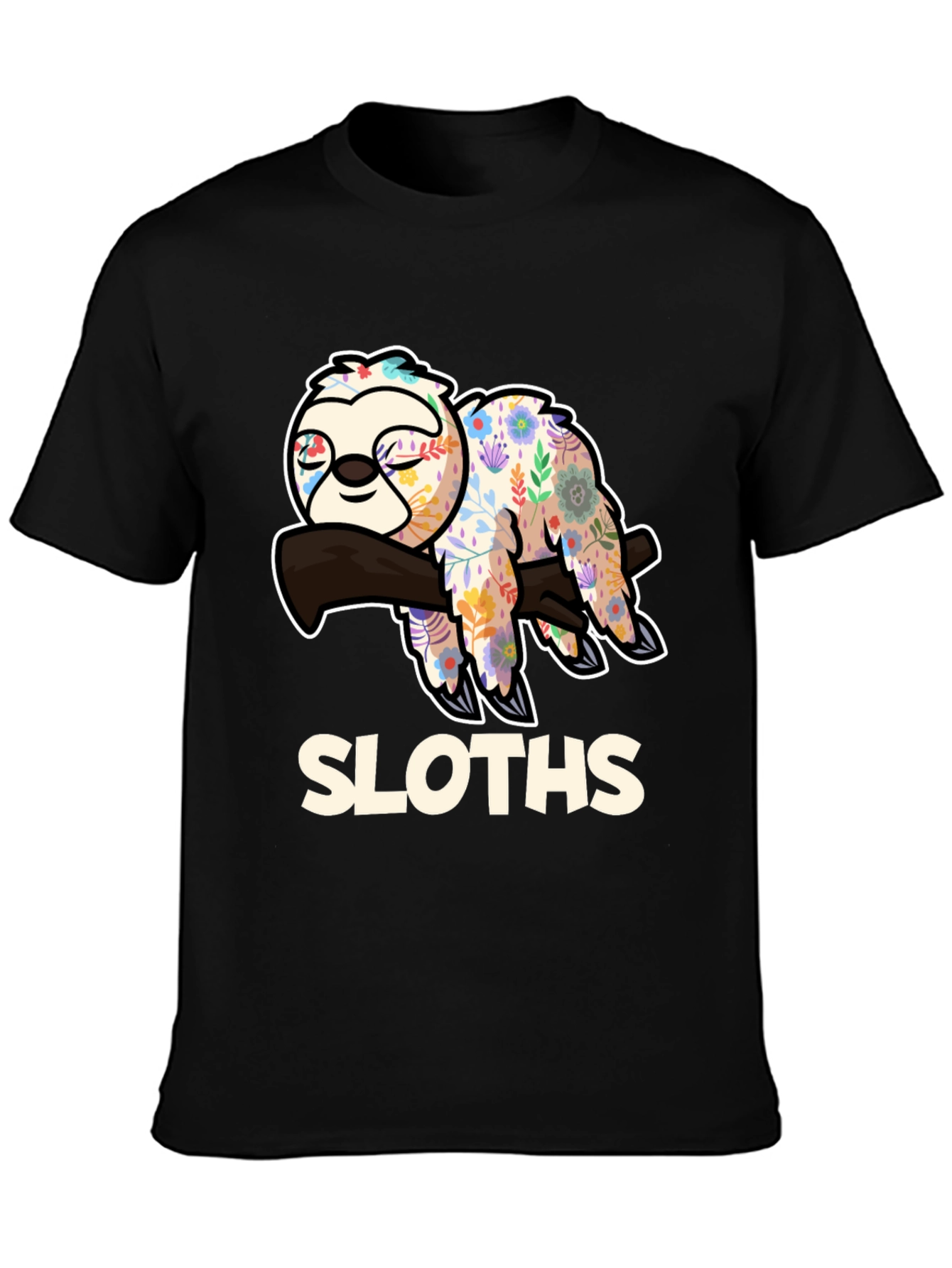 Floral Sloth Graphic Tee - Relaxed Fit Black T-Shirt