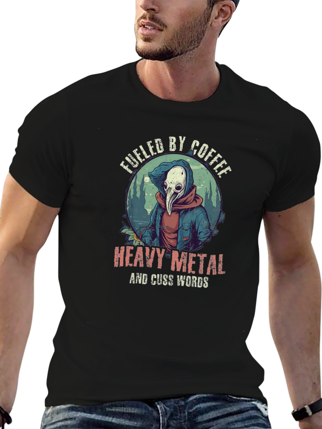 Fueled By Coffee Heavy Metal Plague Doctor T-Shirt