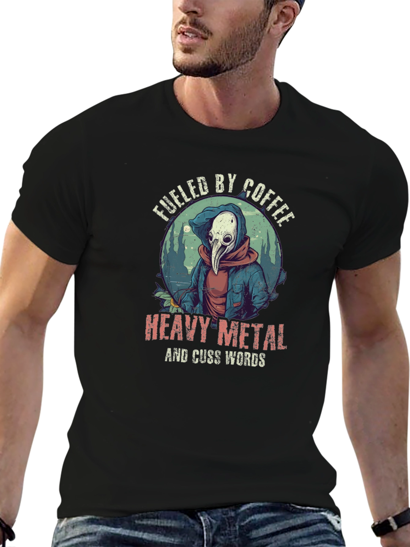 Fueled By Coffee Heavy Metal Plague Doctor T-Shirt