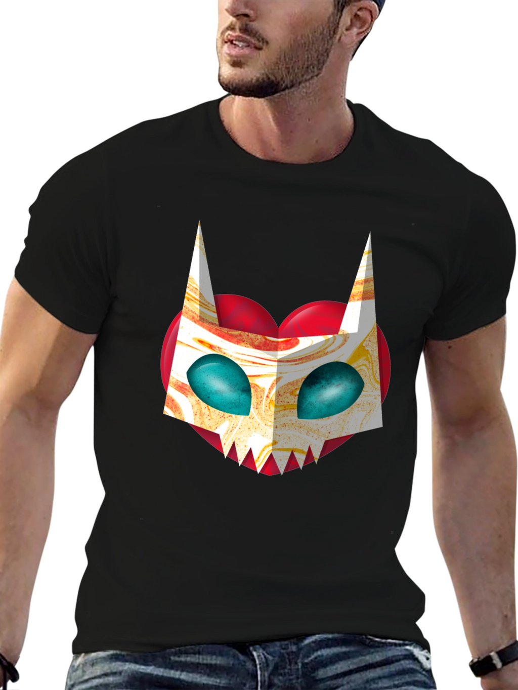 Unique Graphic Tee - Abstract Cat Mask on Black