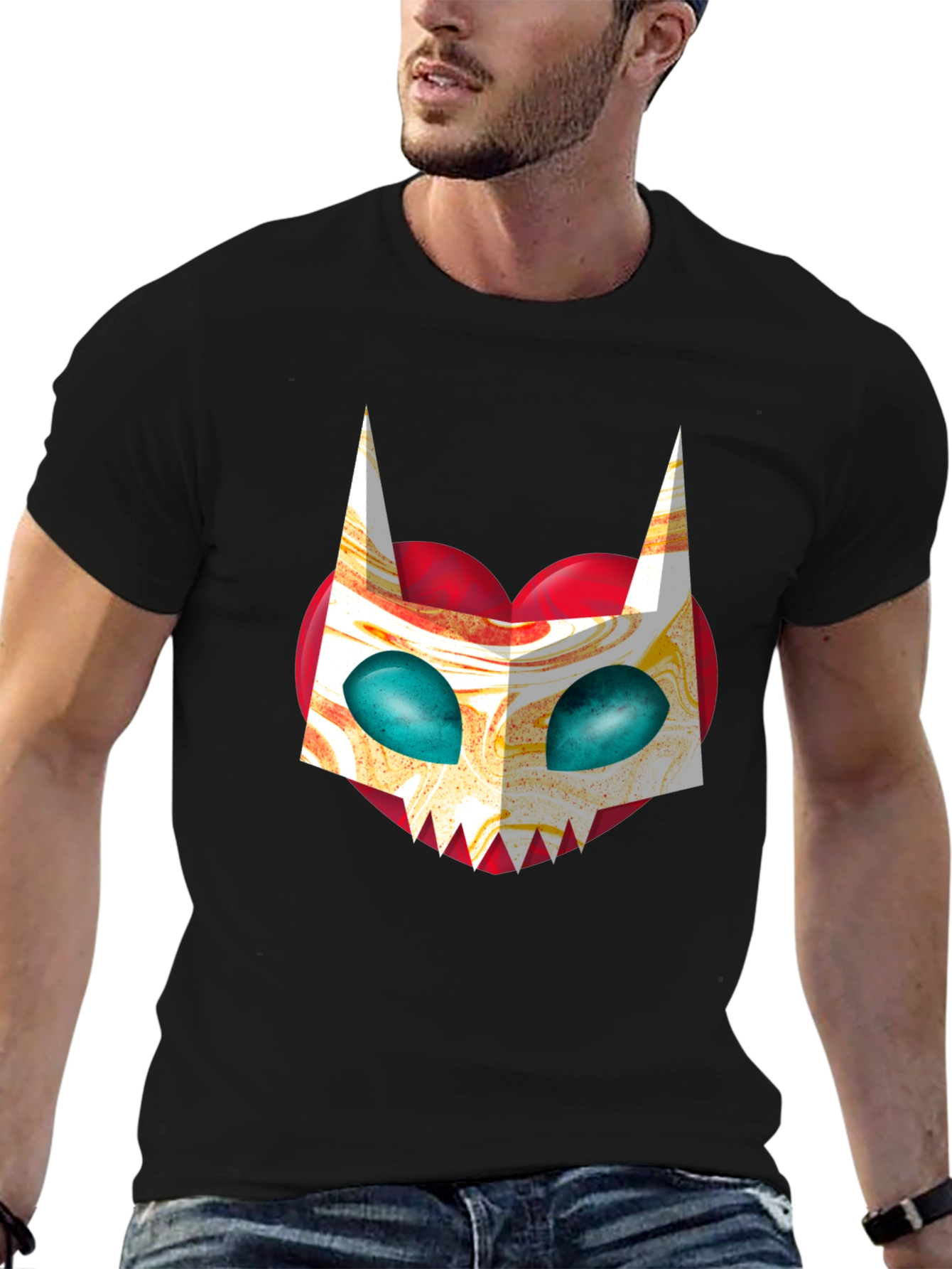 Unique Graphic Tee - Abstract Cat Mask on Black