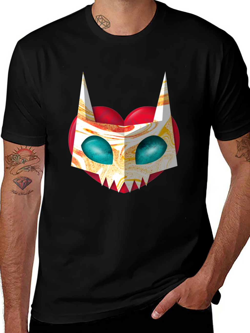 Unique Graphic Tee - Abstract Cat Mask on Black