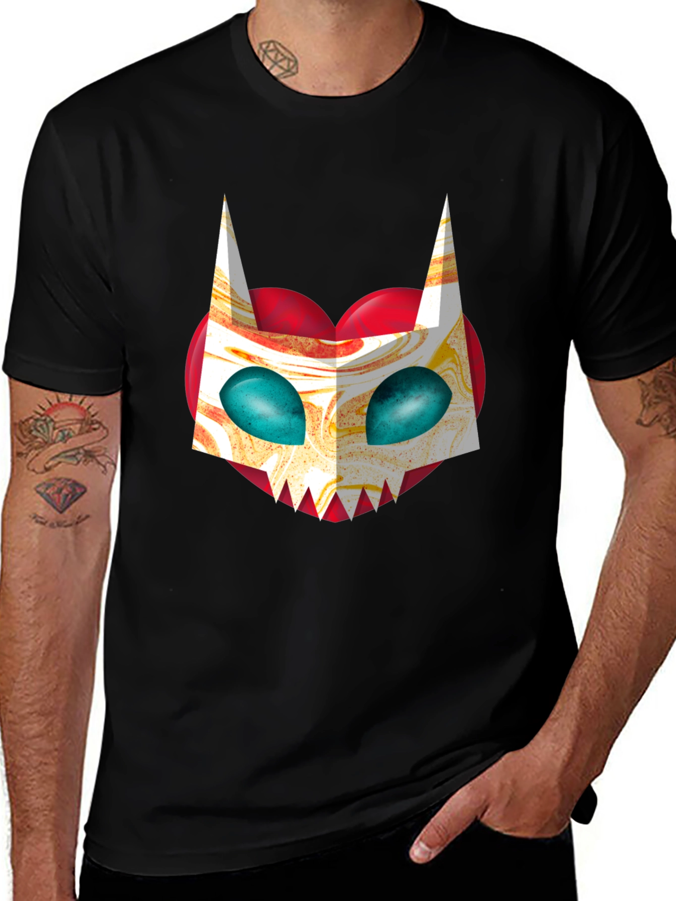 Unique Graphic Tee - Abstract Cat Mask on Black