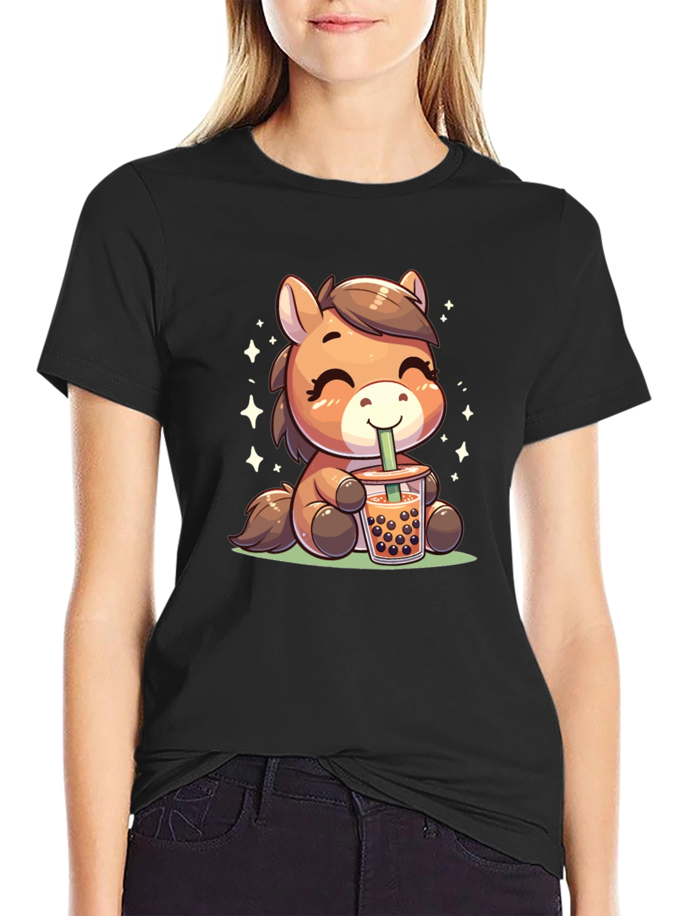 Cute Cartoon Horse Bubble Tea Black T-Shirt